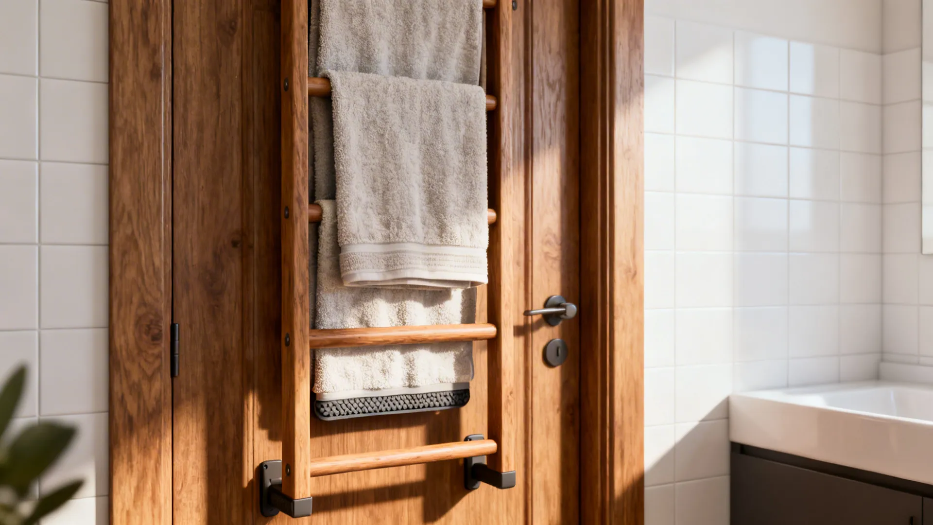 Wooden over-the-door towel ladder with layered towels in a small bathroom.
