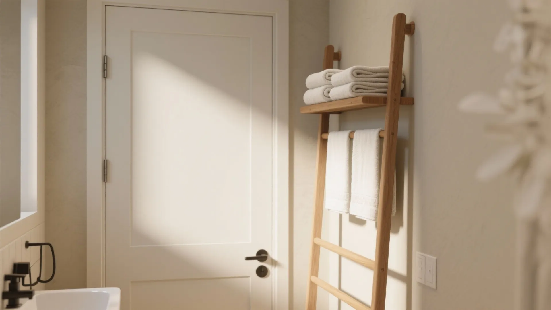 Modern bathroom with a wooden towel ladder holding folded white towels next to a door
