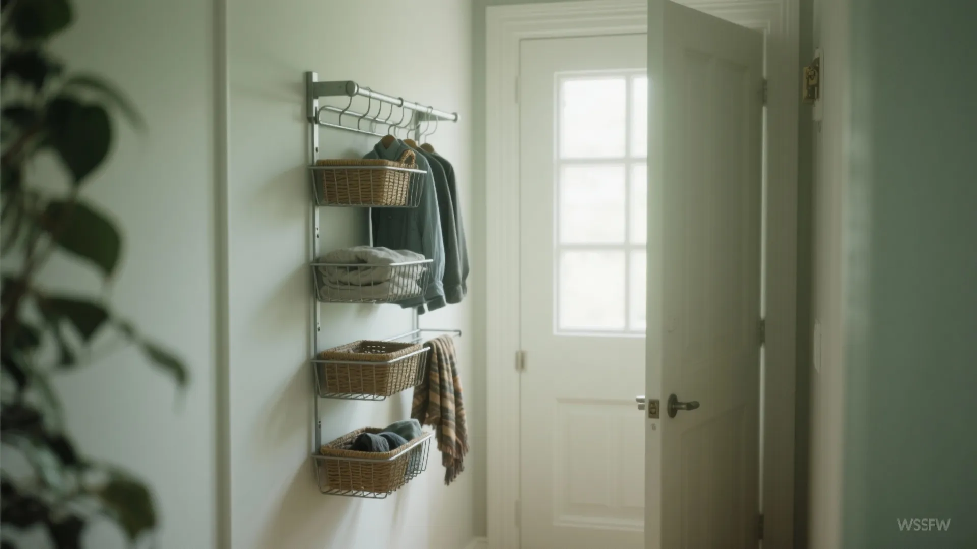 Wall mounted metal storage rack with woven baskets and hanging clothes next to open door