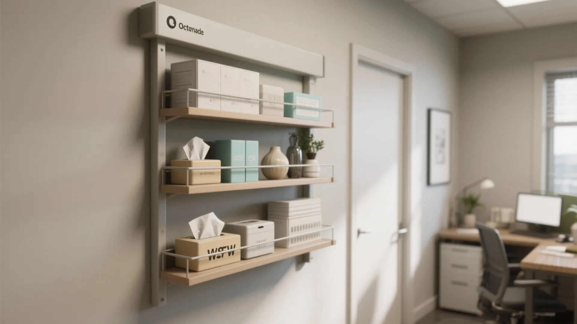 Wall mounted wooden storage shelf in an office holding white boxes and several tissue dispensers