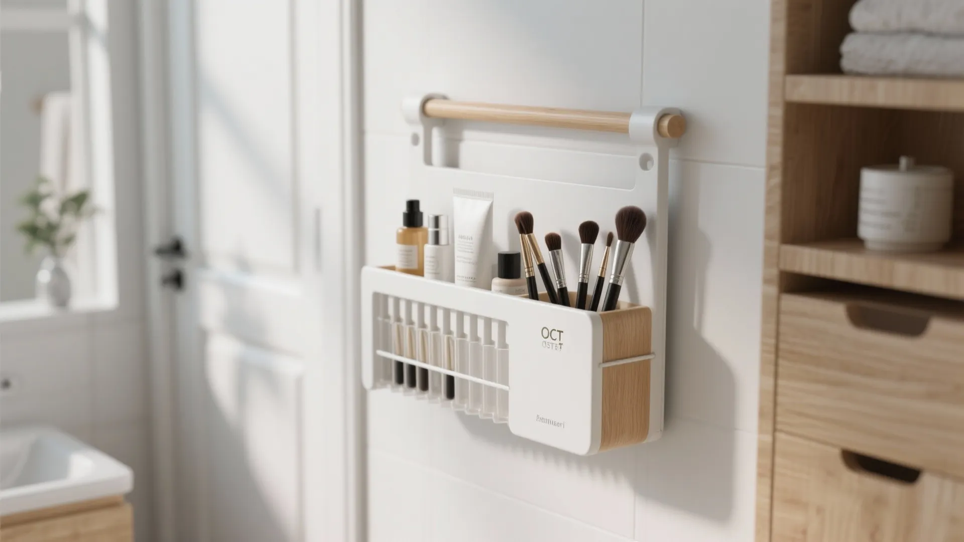 White wall mounted bathroom organizer holding makeup brushes and skincare bottles with wood towel bar