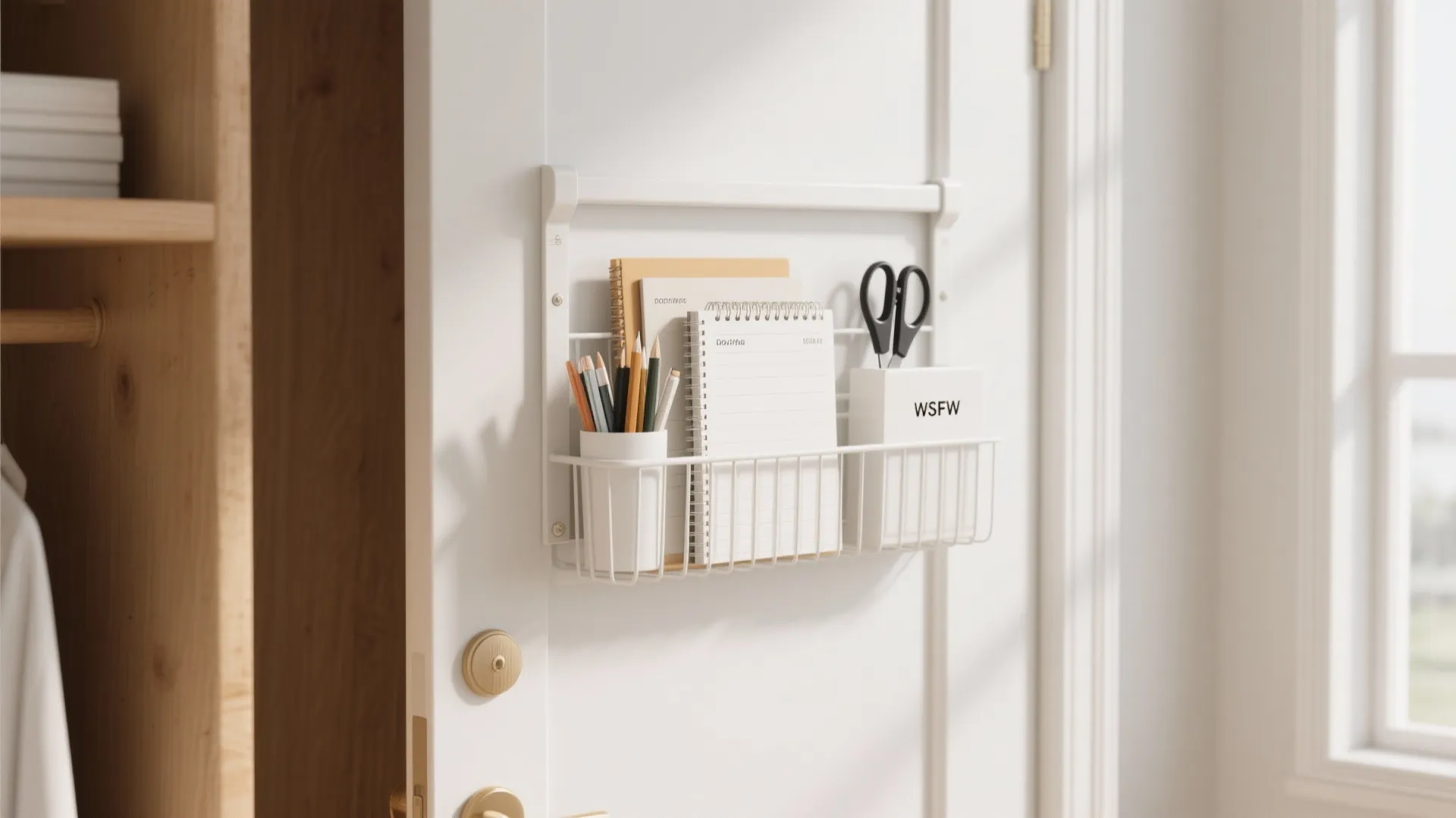 White over the door organizer holding notebooks and pencils for efficient home office storage space
