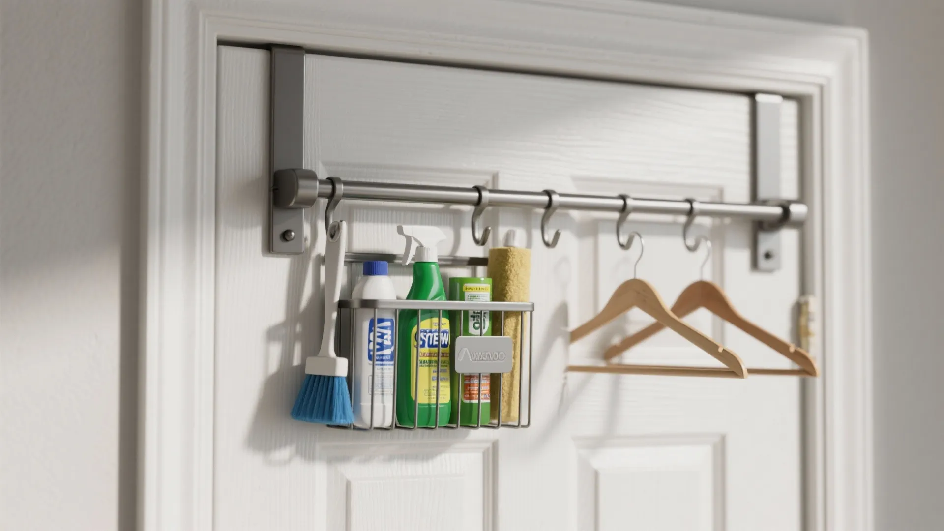 Over-the-door rack holding cleaning supplies in a laundry room