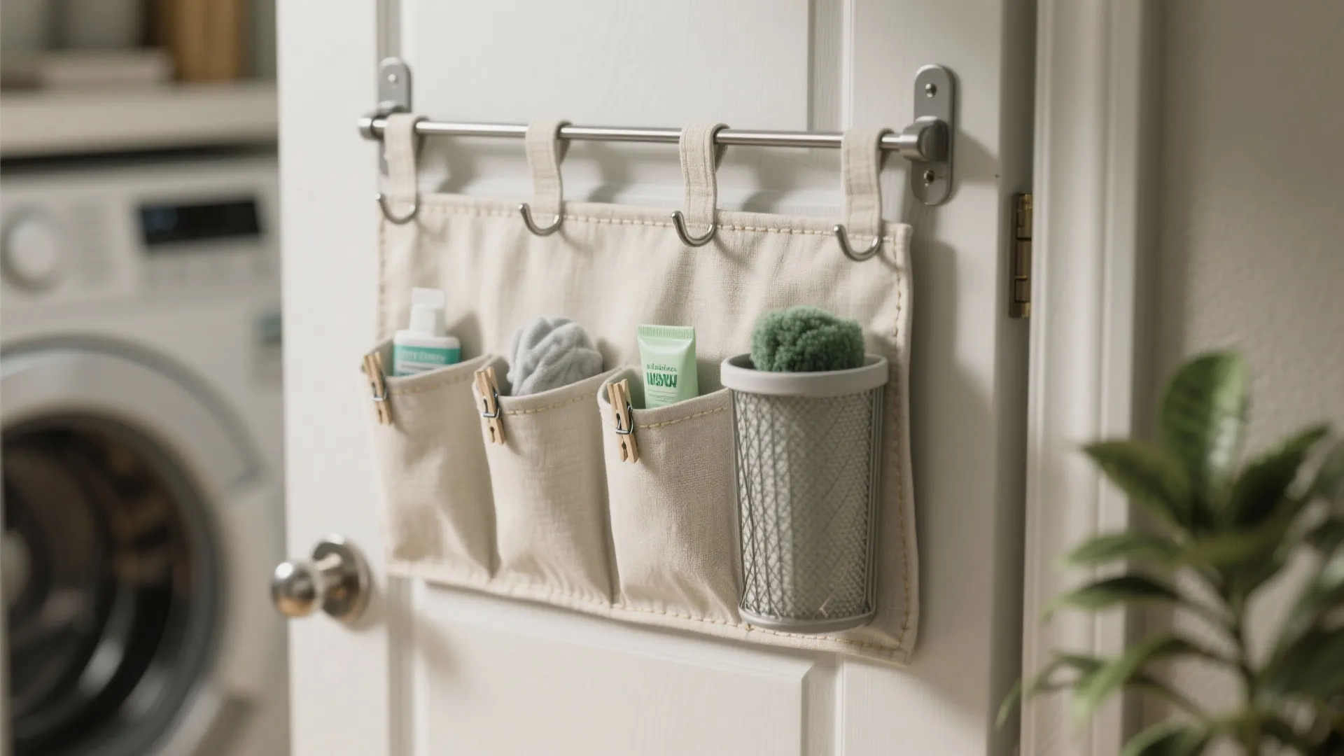 Fabric hanging organizer with pockets on white door in laundry room with a washing machine