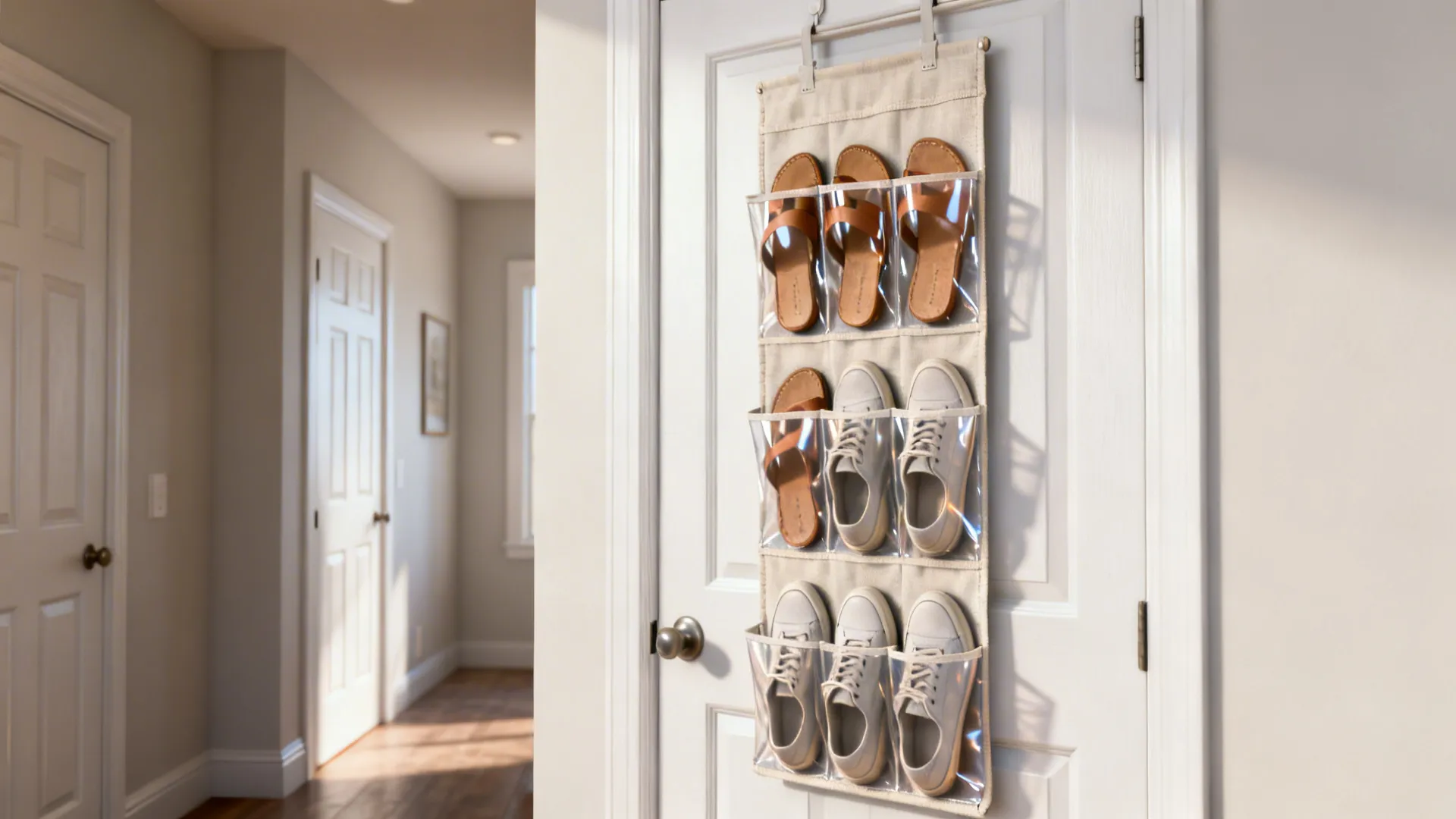 Over-the-door shoe organizer with clear pockets holding sandals and light sneakers.