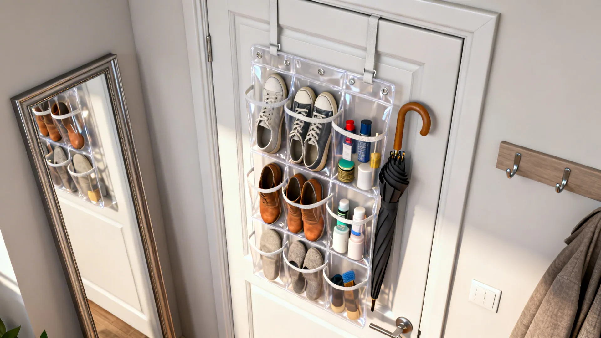Clear over-the-door shoe organizer on a white door with shoes and accessories