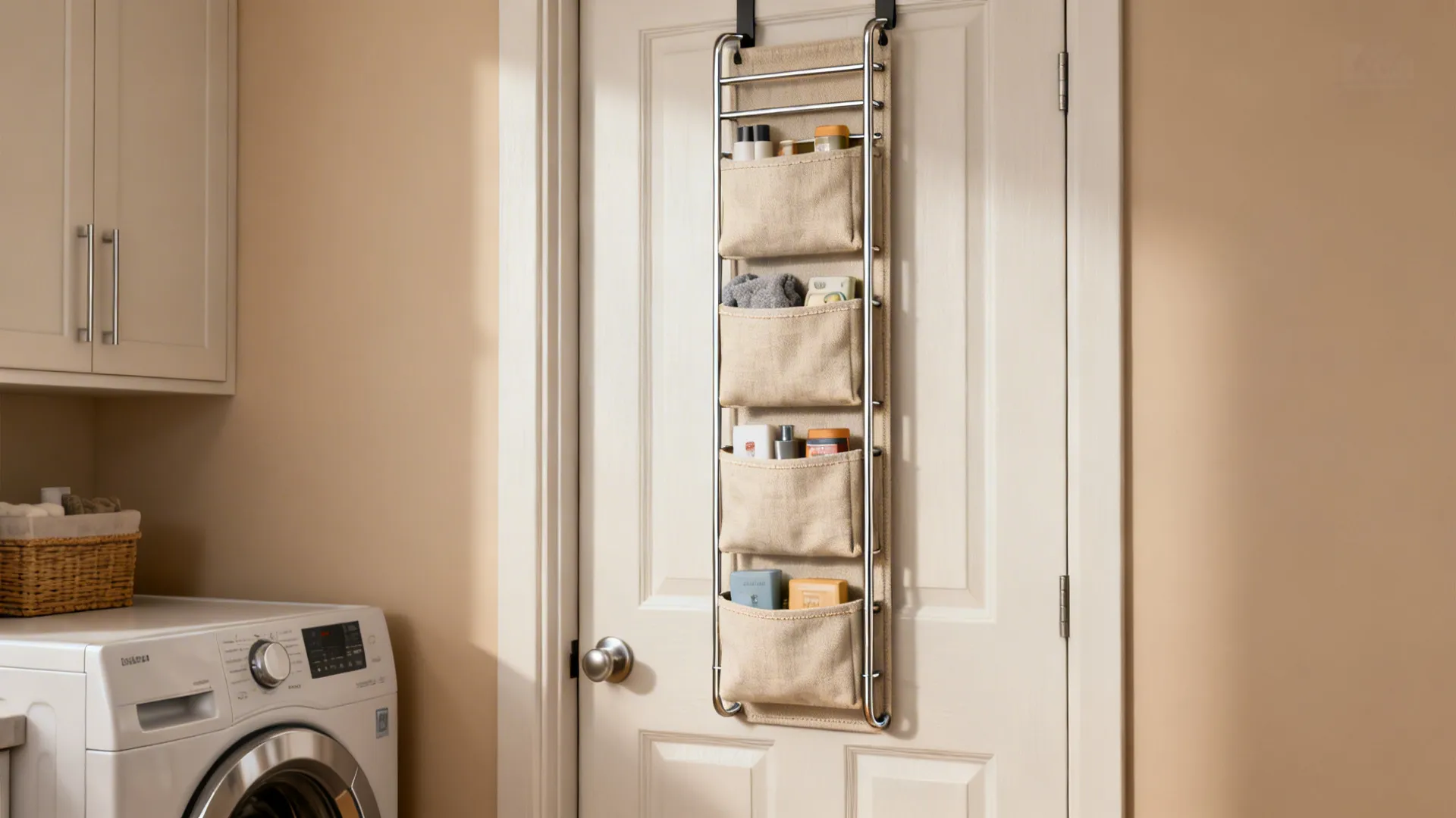 Slim over-the-door organizer with pockets and metal racks in a laundry room