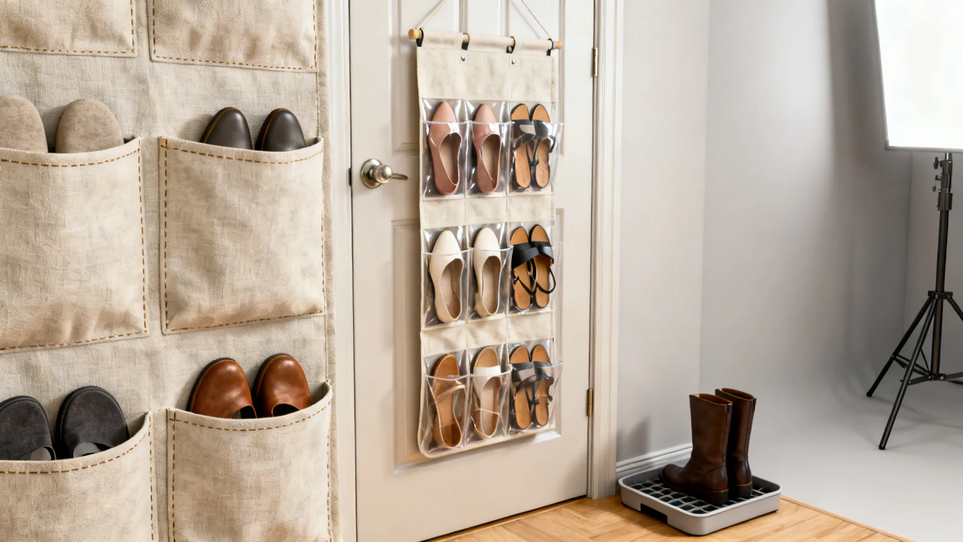 Fabric over-the-door shoe organizer with pockets holding flats and sandals beside a small boot tray.