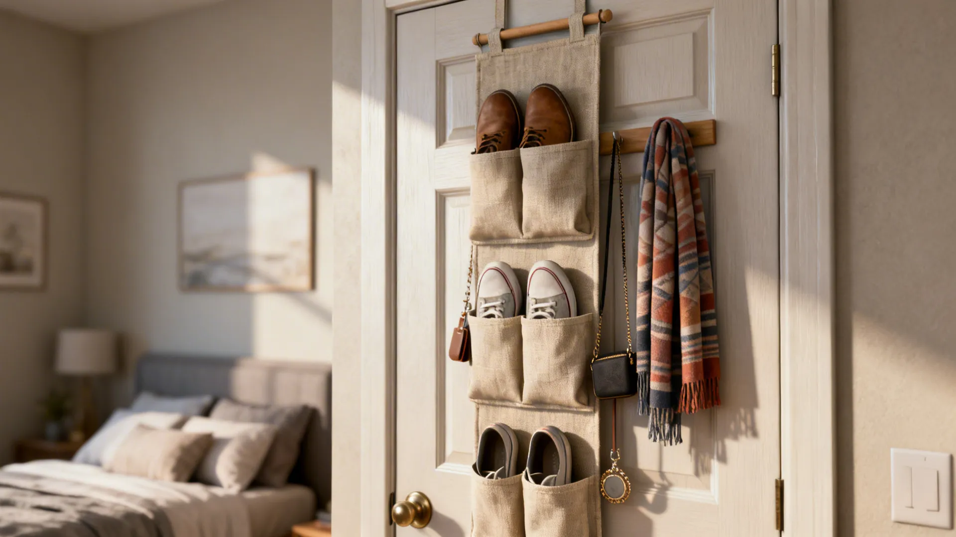 Neutral fabric over-door organizer holding shoes and accessories behind a bedroom door.