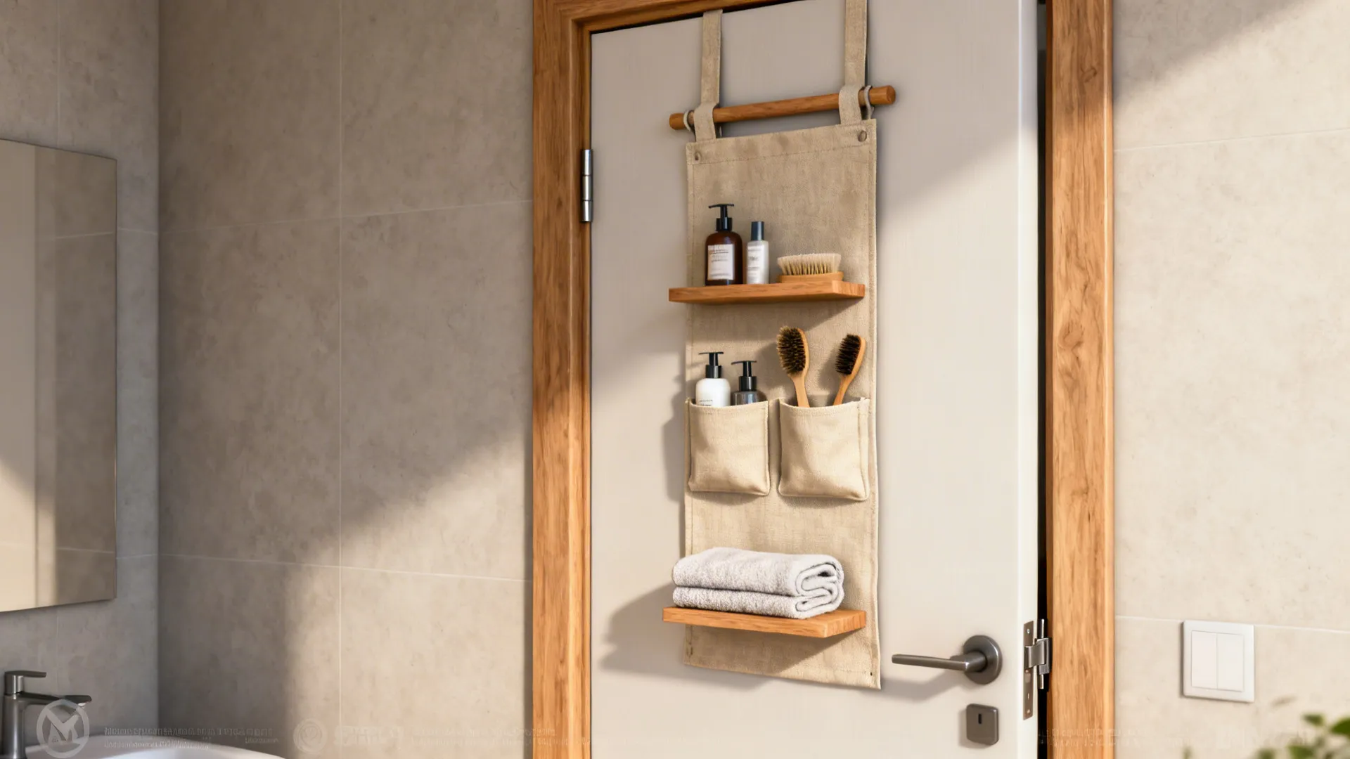 Fabric hanging organizer on white door with wooden shelves holding brushes bottles and folded towels