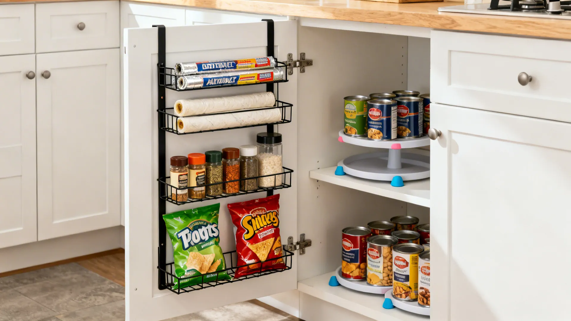 Pantry door with over-the-door wire racks for wraps and spices, plus interior tiered risers for cans.