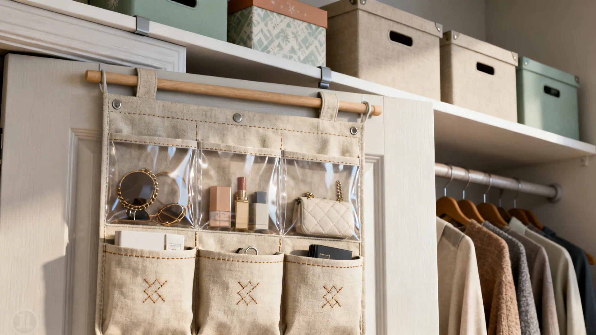Over-door clear pockets and a slim topper shelf with seasonal boxes and matching bins