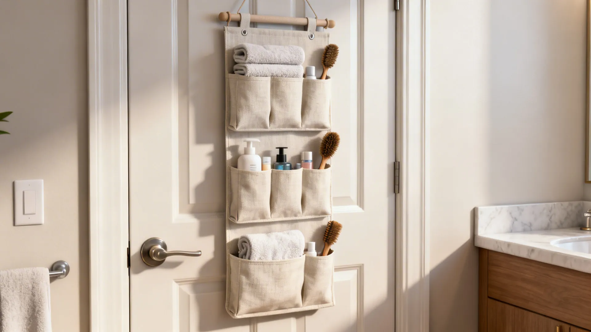 Over-the-door hanging organizer with pockets storing towels and toiletries