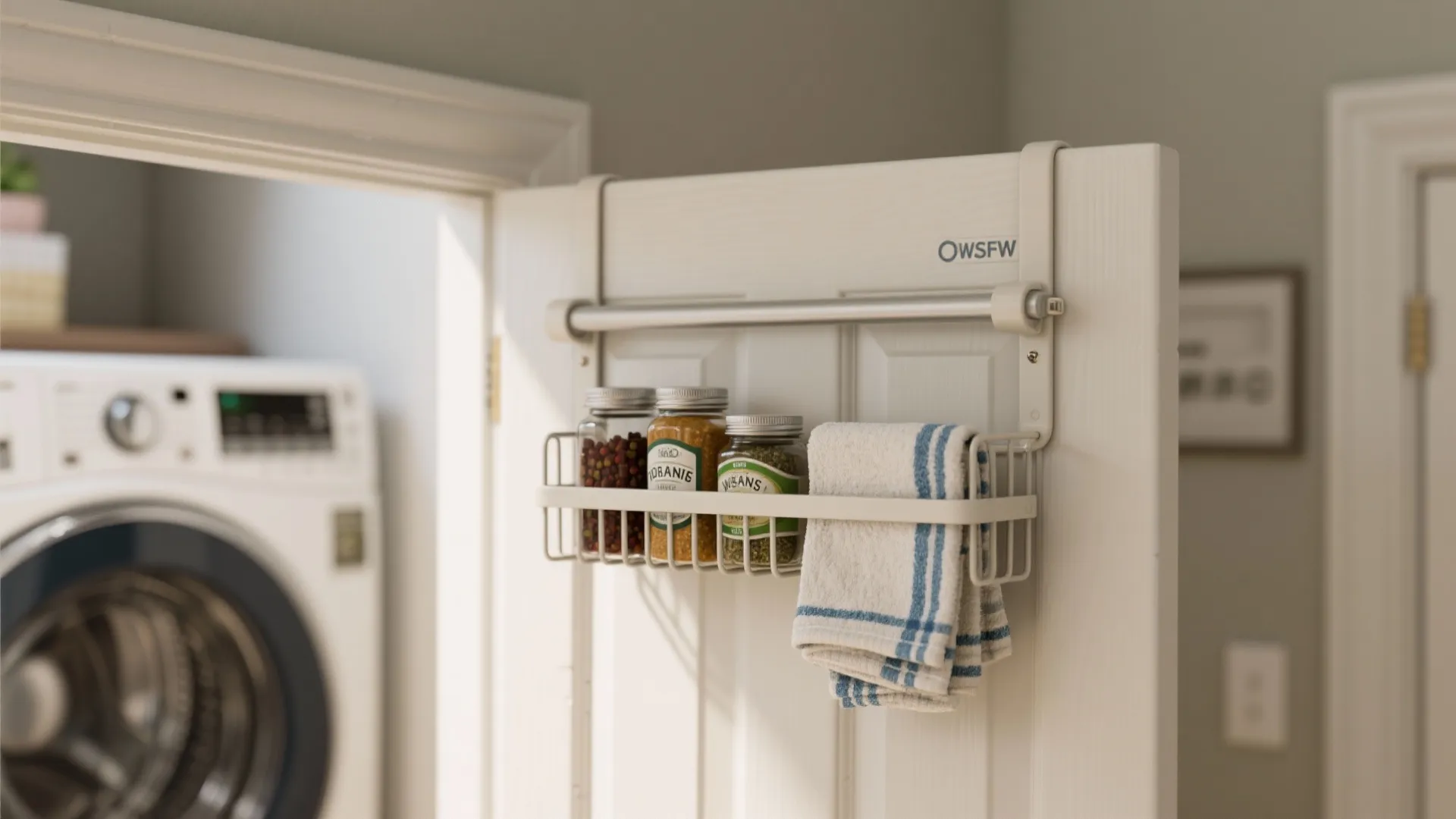 Over-the-door rack storing spices and cloths without blocking washer lid