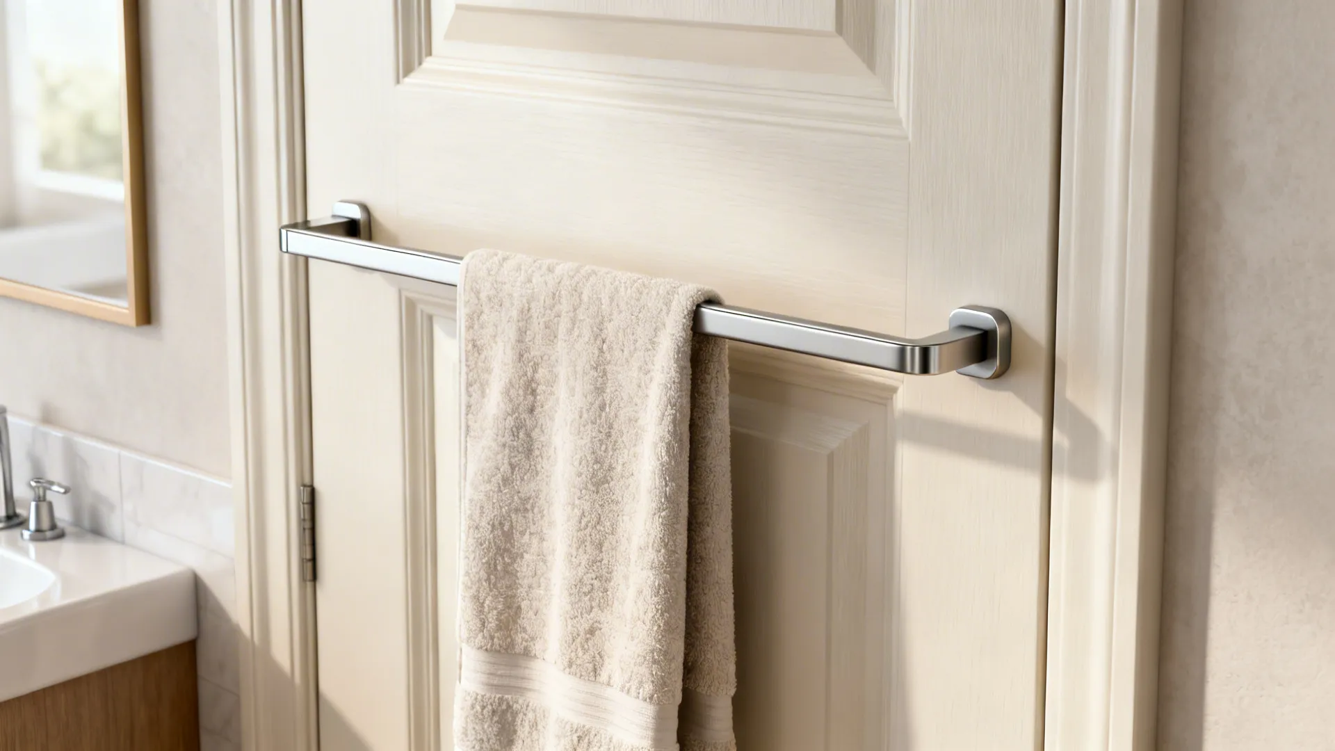 Slim over-the-door towel rack installed on a bathroom door showing good clearance.