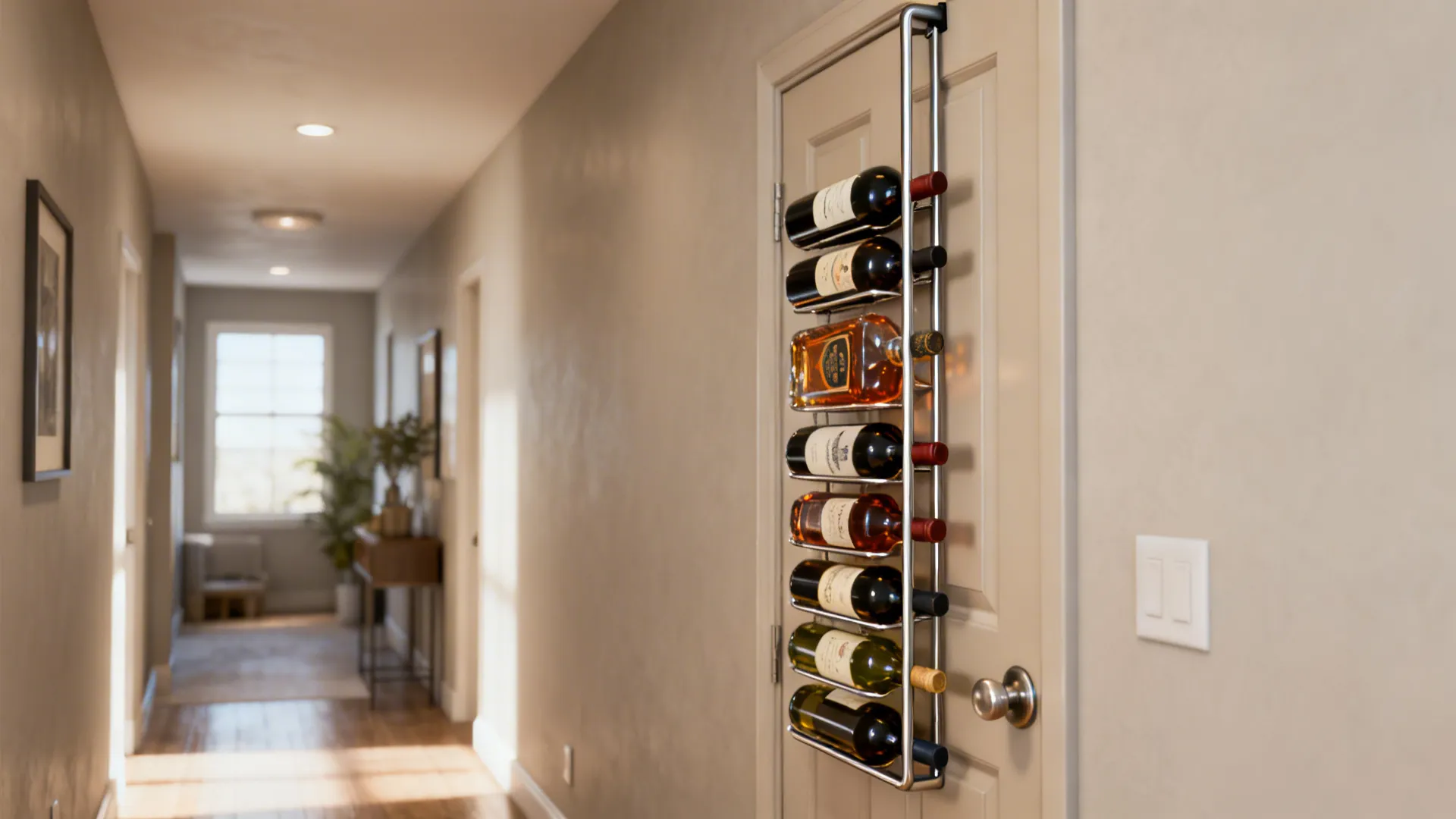 Over-the-door bottle rack on a solid-core door holding wine and liquor bottles in a hallway.