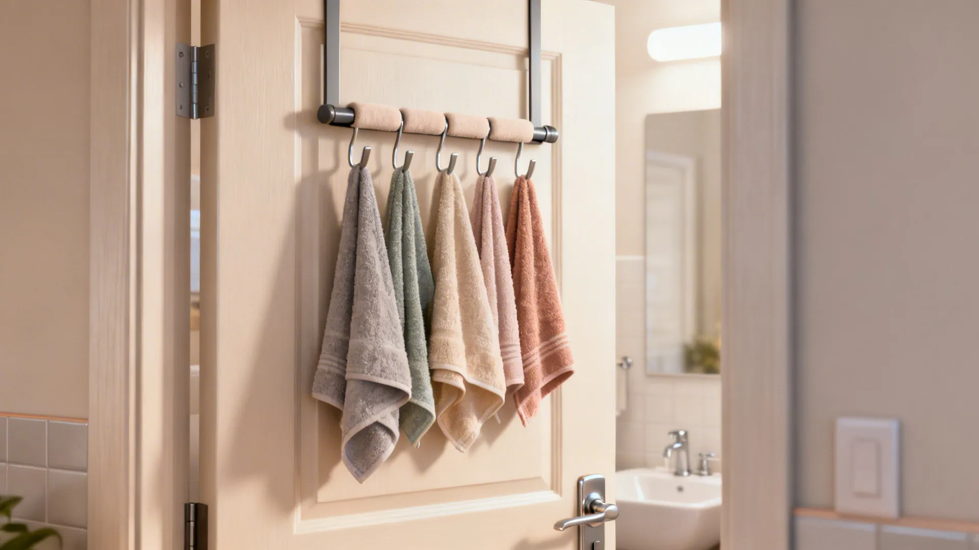 Slim over-the-door towel rack with padded hooks holding towels in a small bathroom.