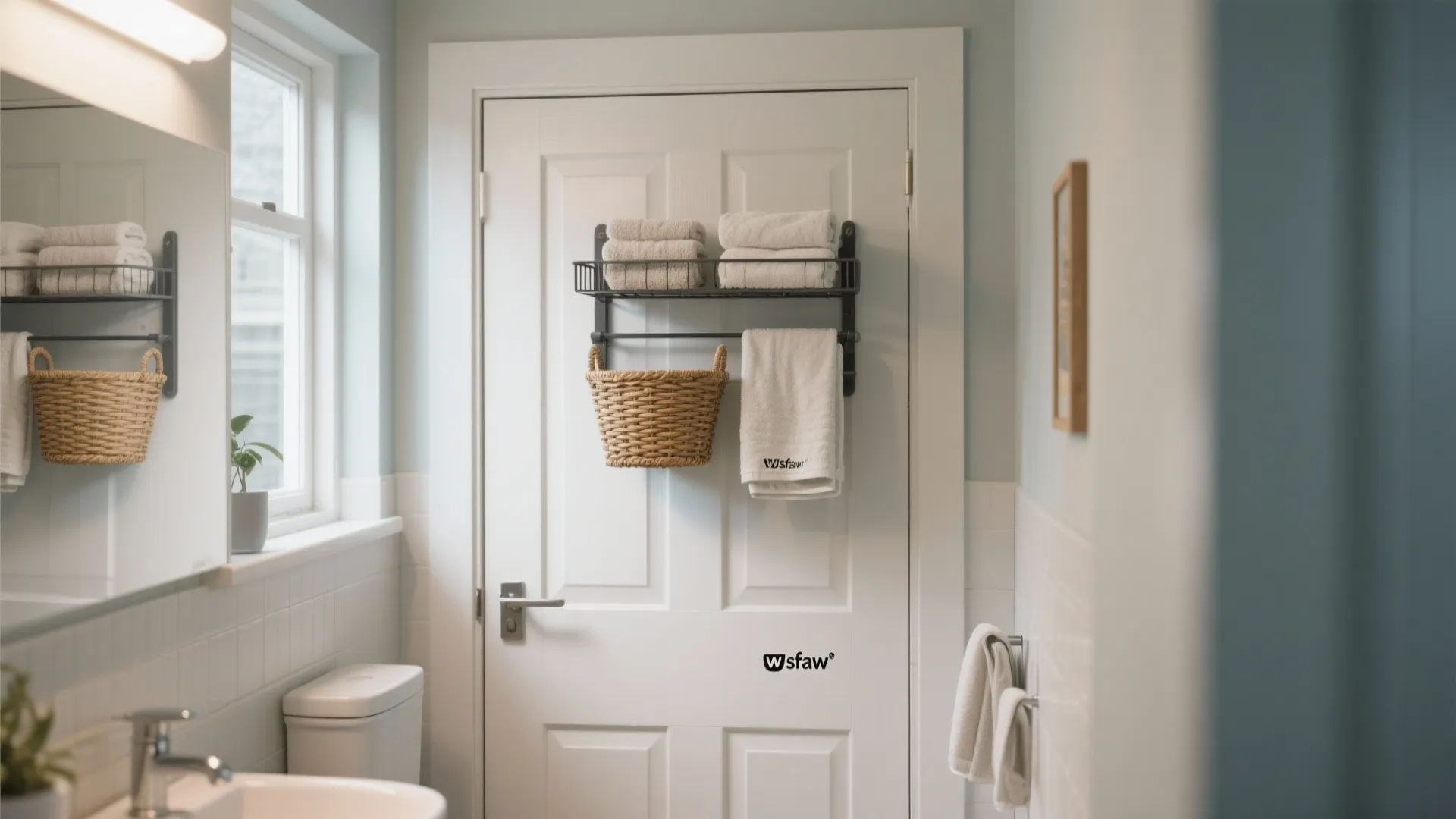 Black metal over the door towel rack with white towels and a small woven basket