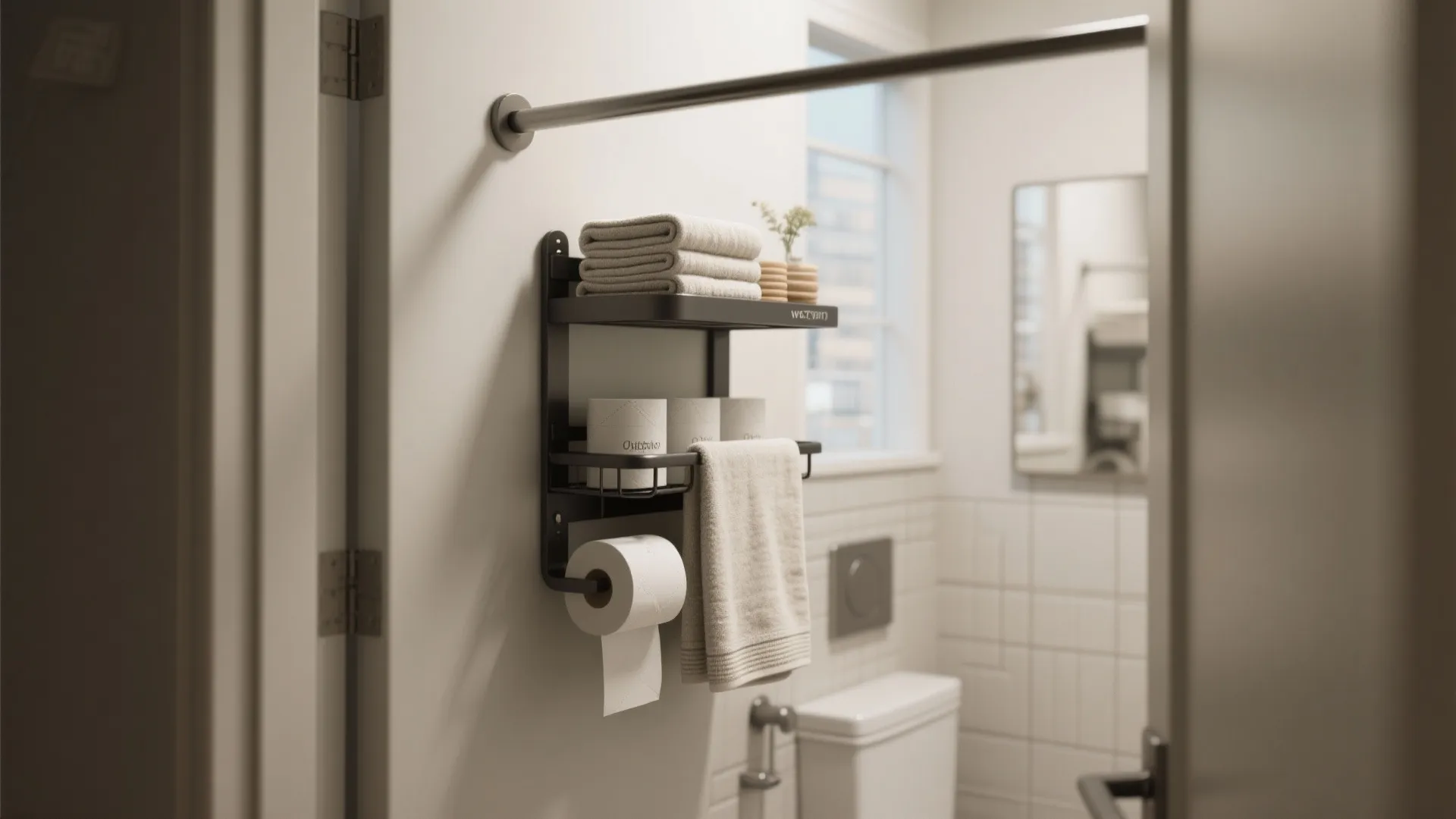 Black bathroom wall rack holding folded white towels and toilet paper rolls next to a toilet