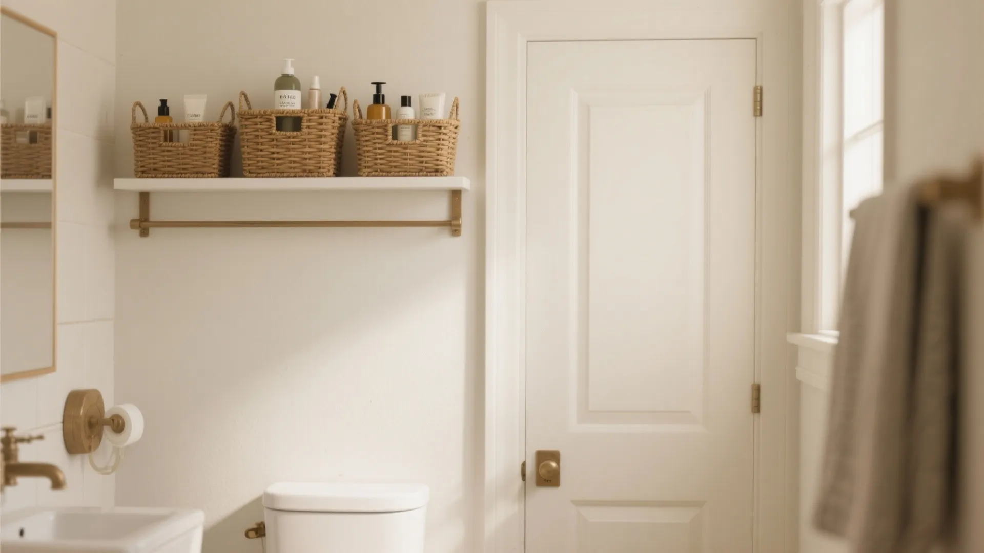 Slim shelf above bathroom door with baskets