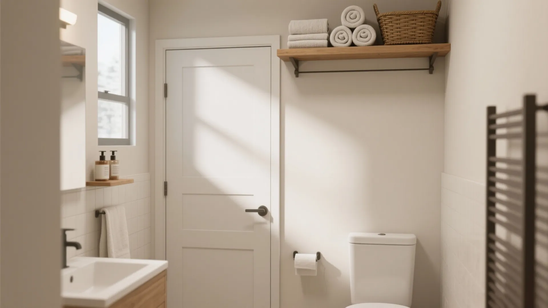 Wooden shelf above bathroom door holding rolled white towels and a brown wicker storage basket