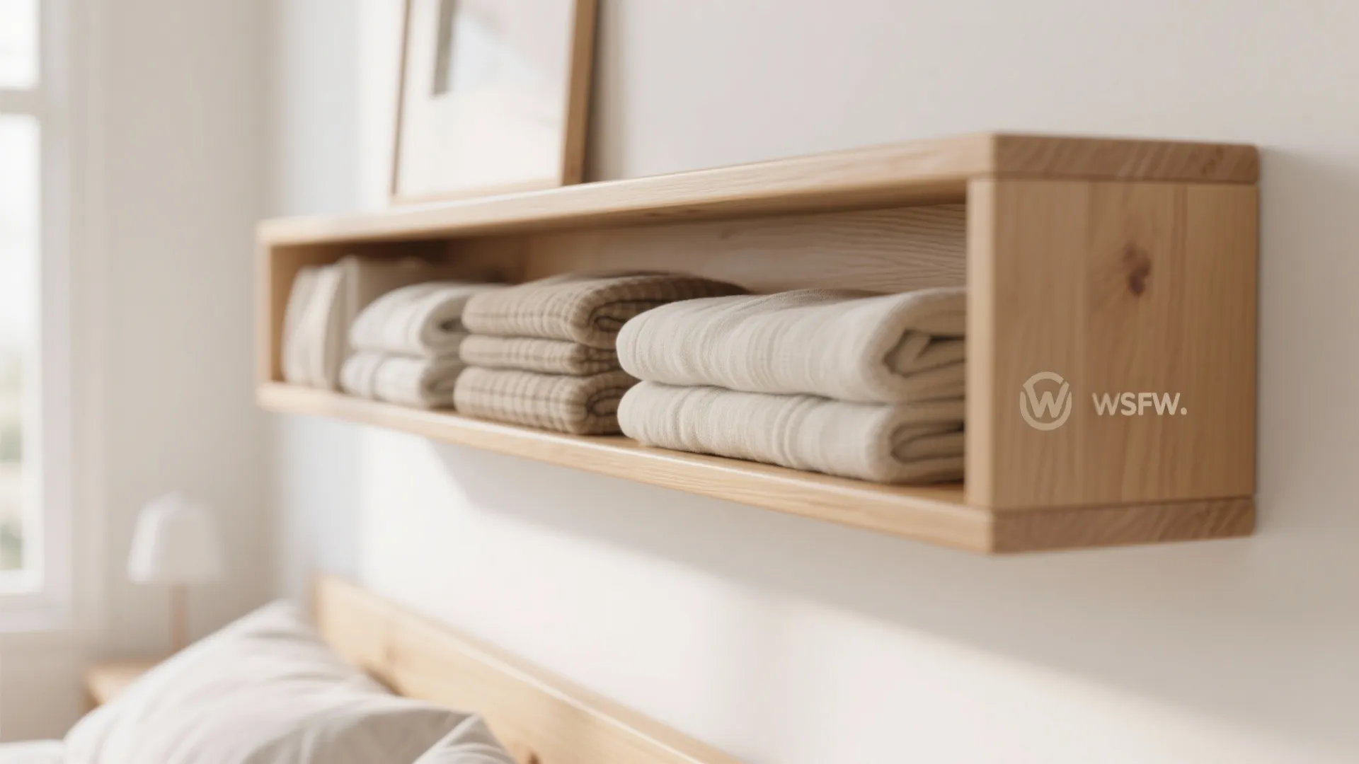 Wooden wall shelf holding neatly folded white and beige towels in a bright modern bedroom