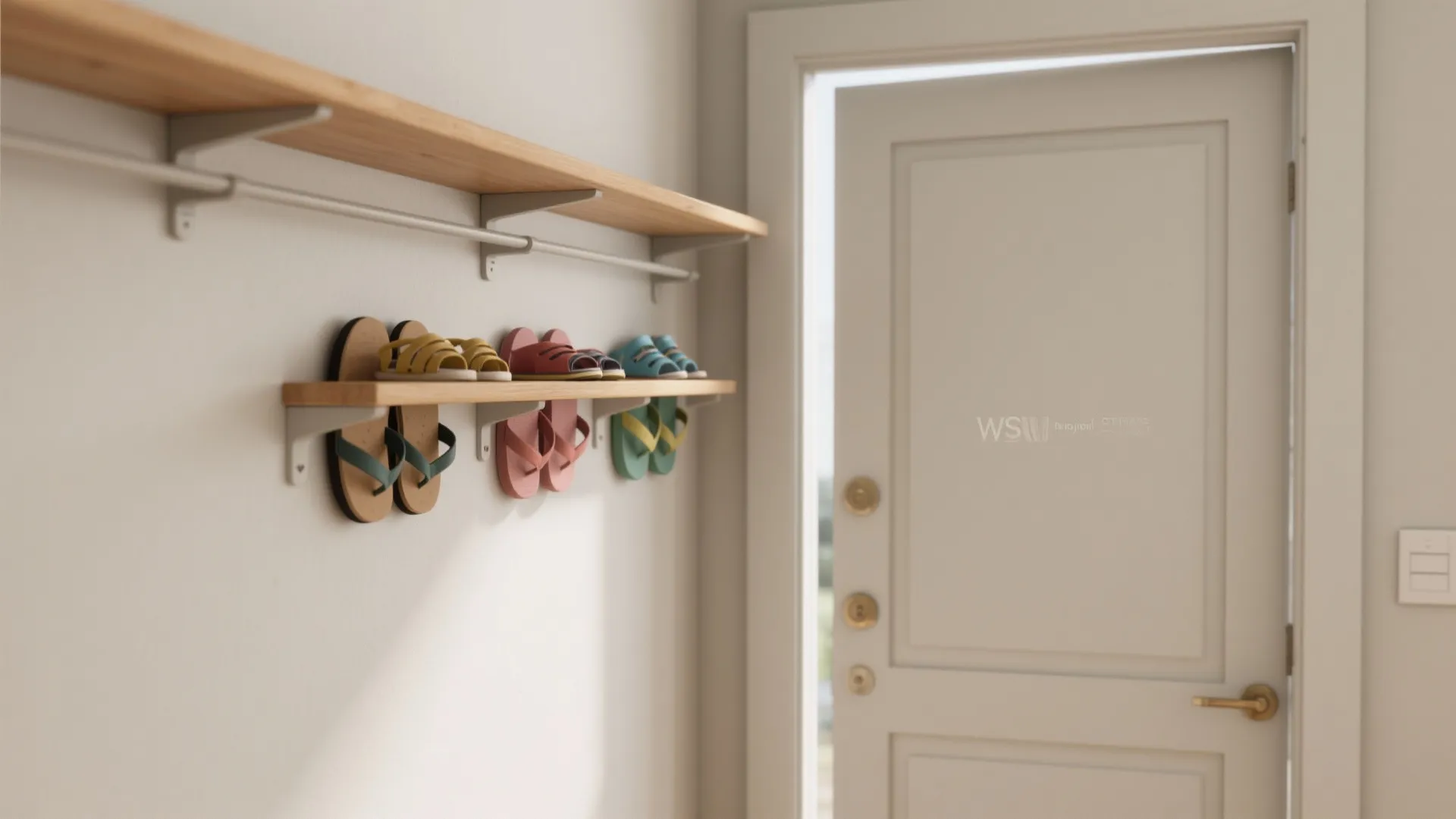 Entryway wall with wooden shelves holding colorful slippers next to a white open front door