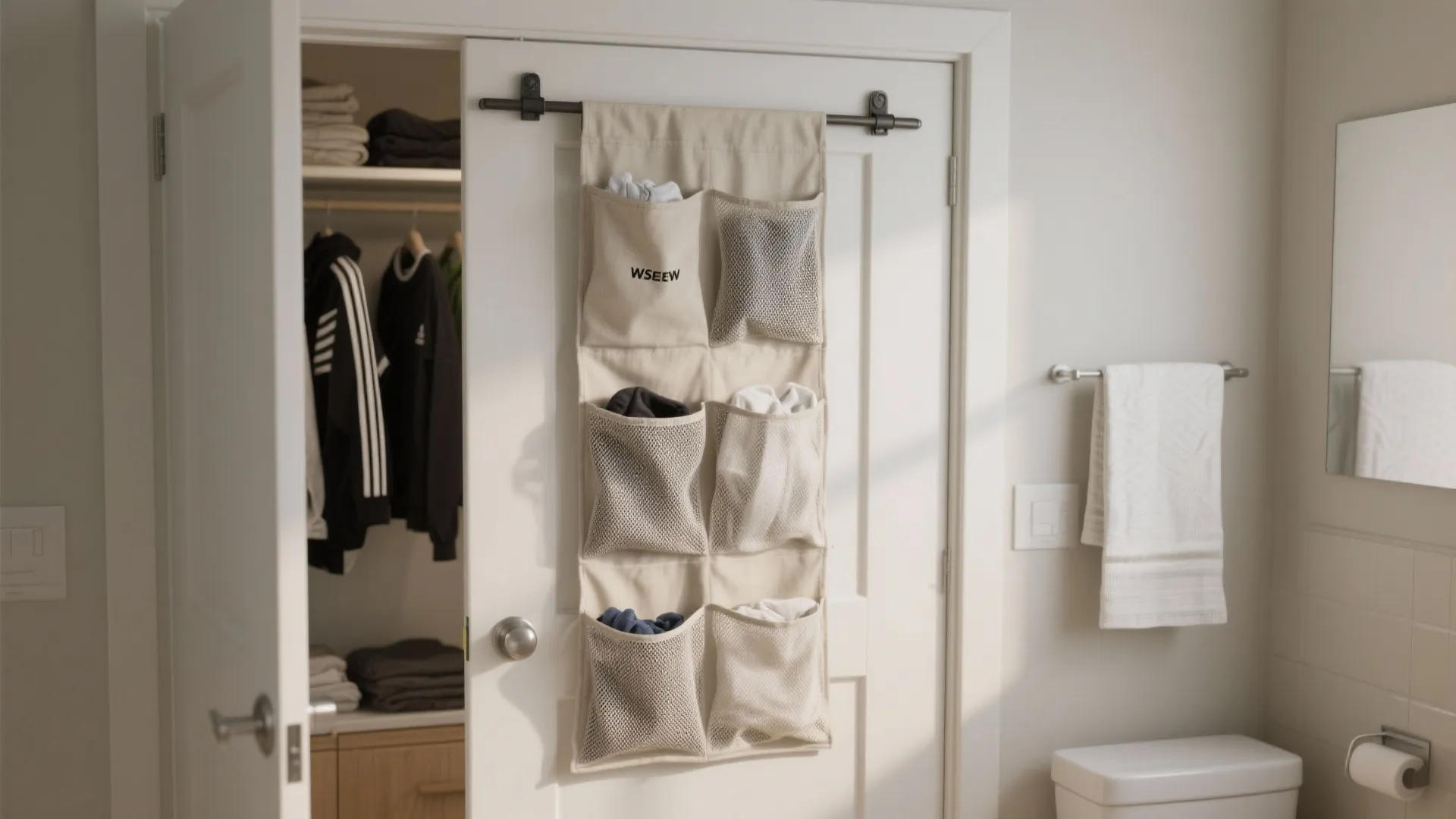 Fabric hanging organizer with mesh pockets attached to a white door for storing folded clothes