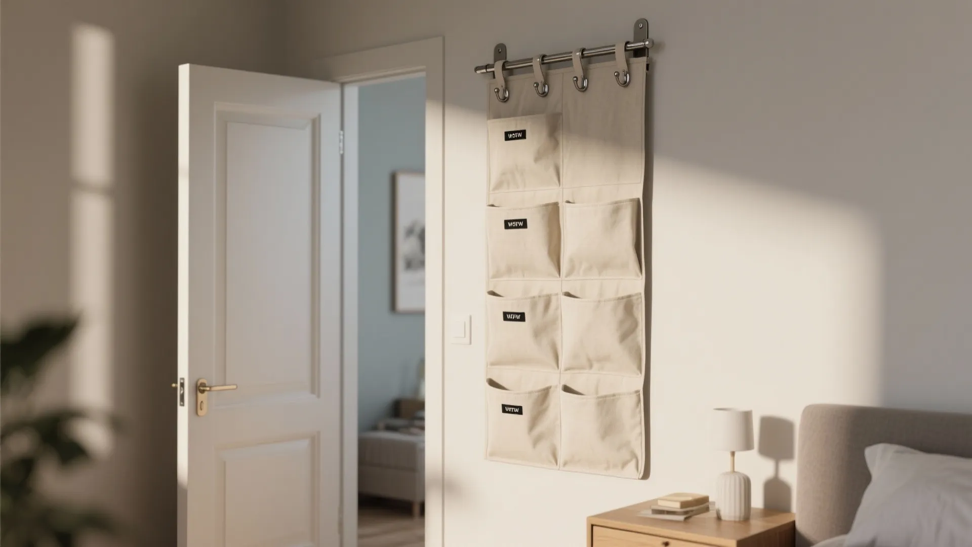 Beige fabric wall hanging pocket organizer with eight slots mounted on a white bedroom wall