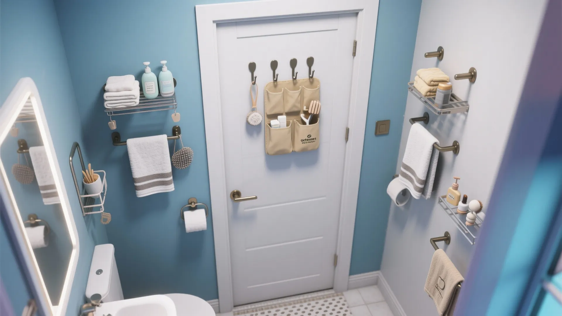 Small blue bathroom showing over the door storage bags with towels and white bathroom door