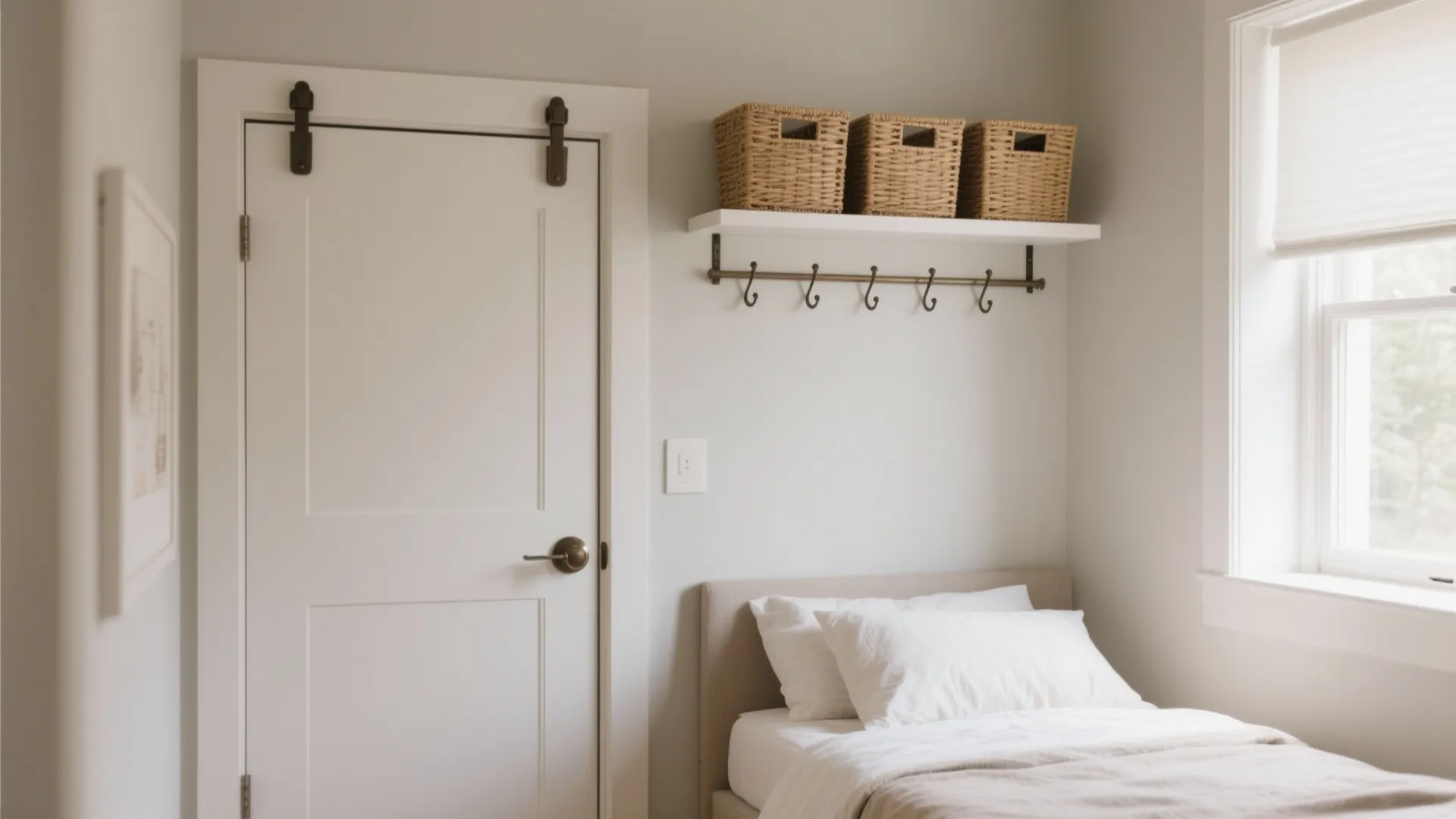 White bedroom door next to wall shelf with three woven baskets above a small white bed