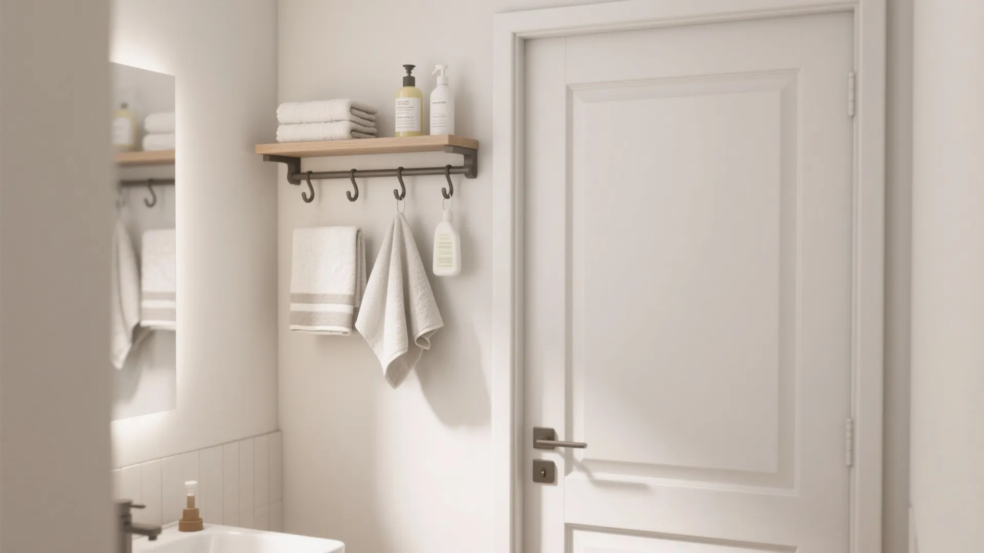 Bathroom with over-the-door shelf for towels and storage