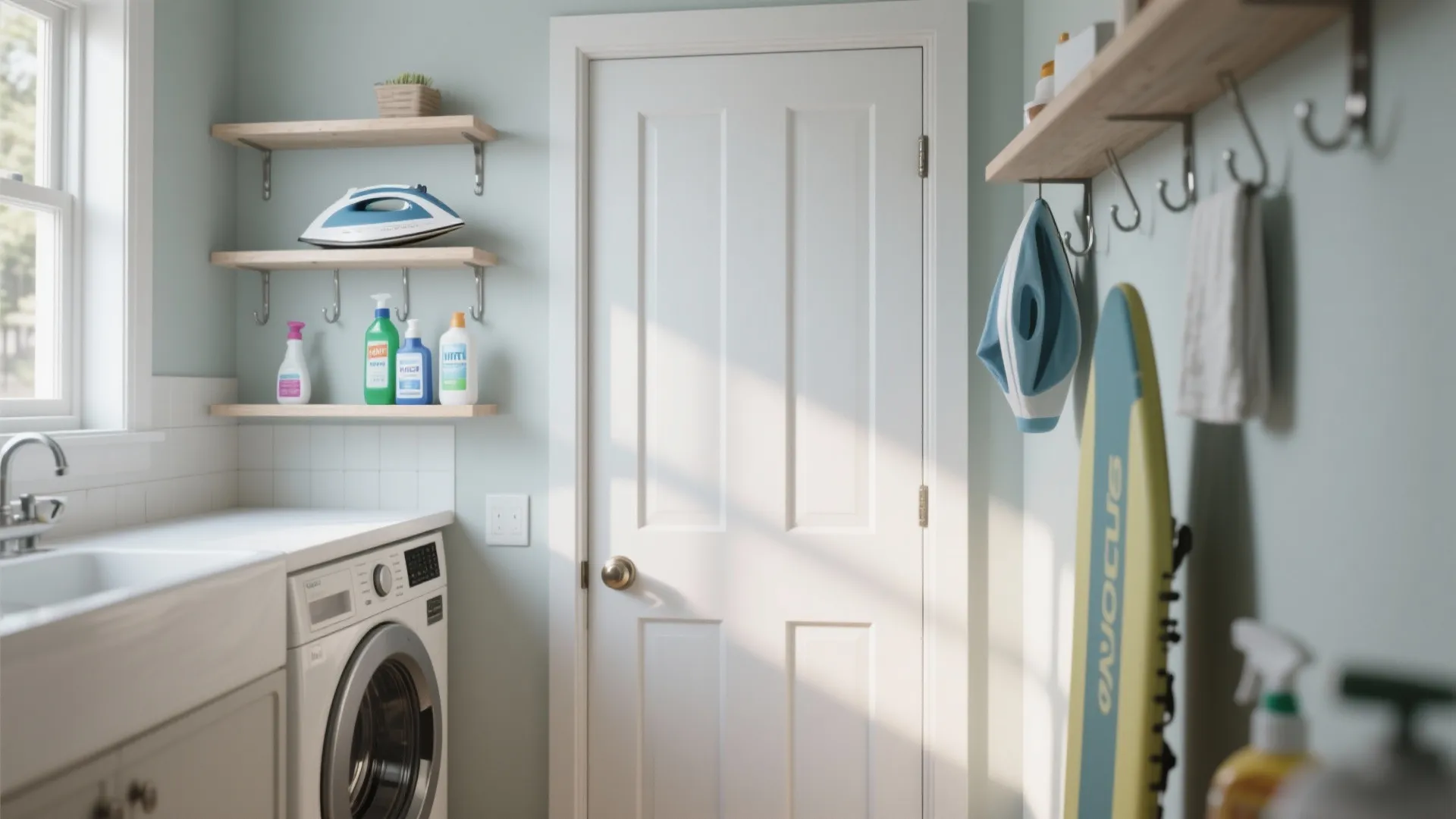 Over-the-door storage used in laundry room