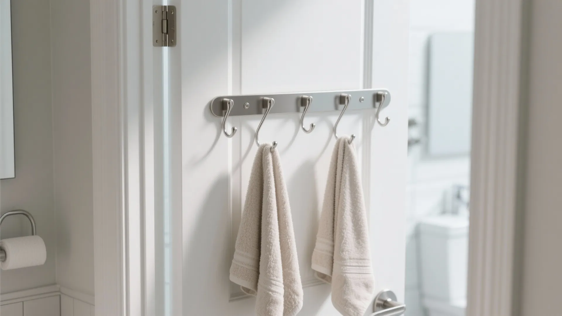 Five silver hooks mounted on white door holding two beige towels in a bright bathroom