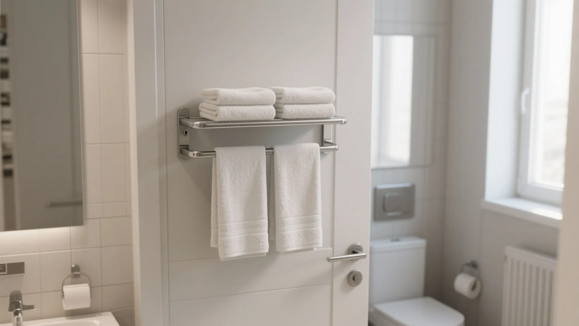 Metal wall towel rack with folded and hanging white towels in a modern bright white bathroom