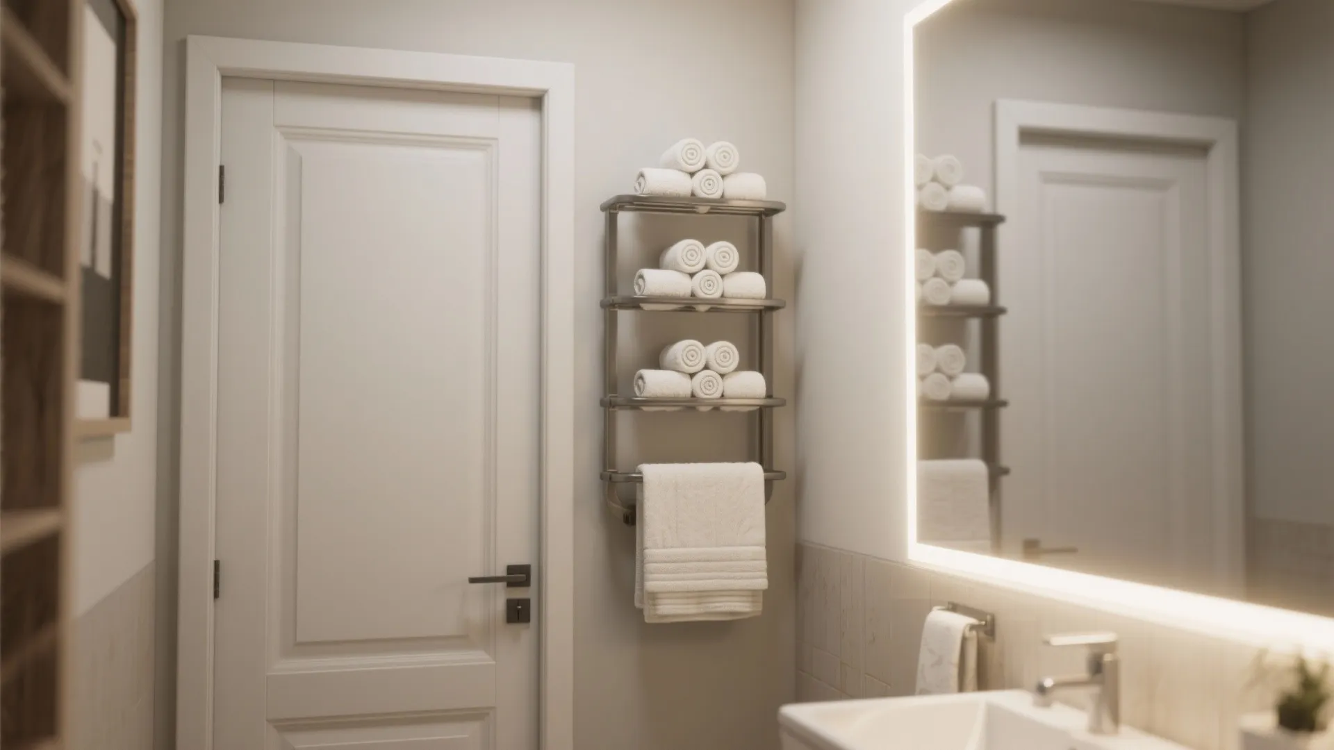 Modern bathroom interior design featuring a metal wall rack holding several white rolled bath towels