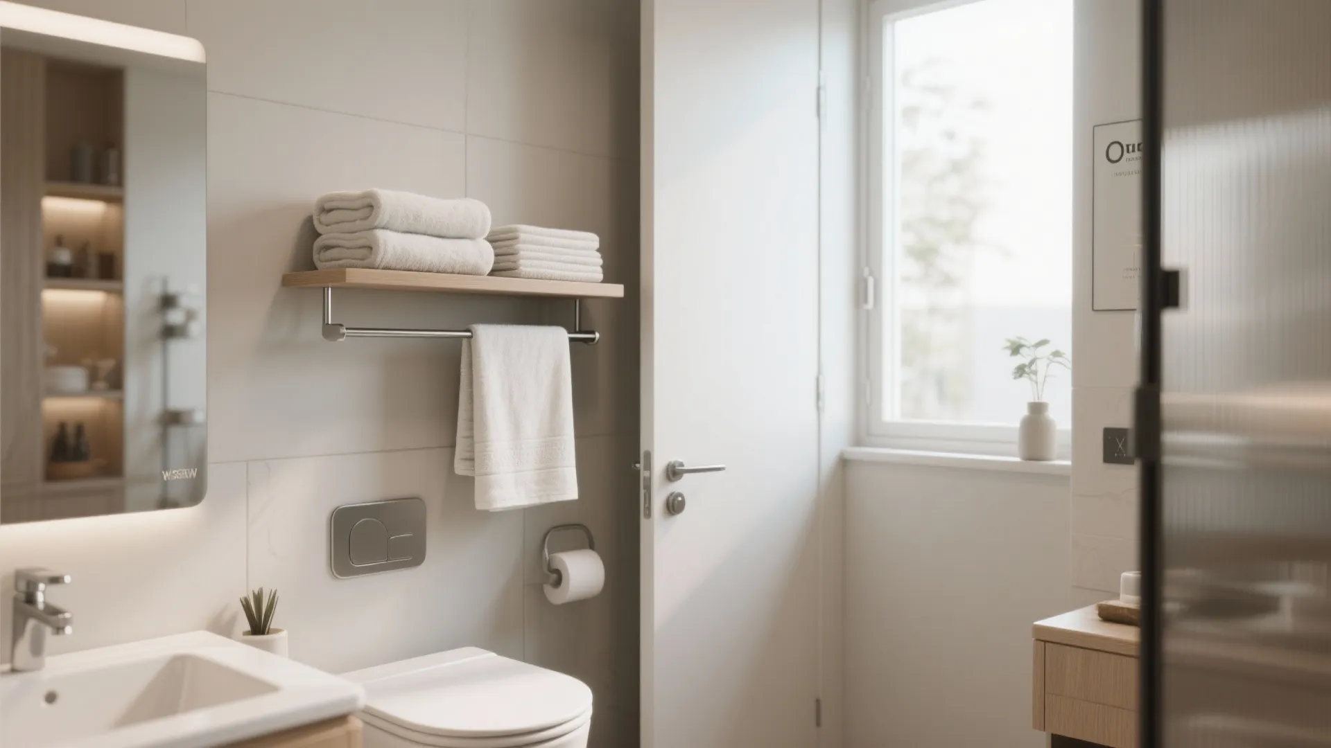 Over-the-door bathroom shelf storing guest towels