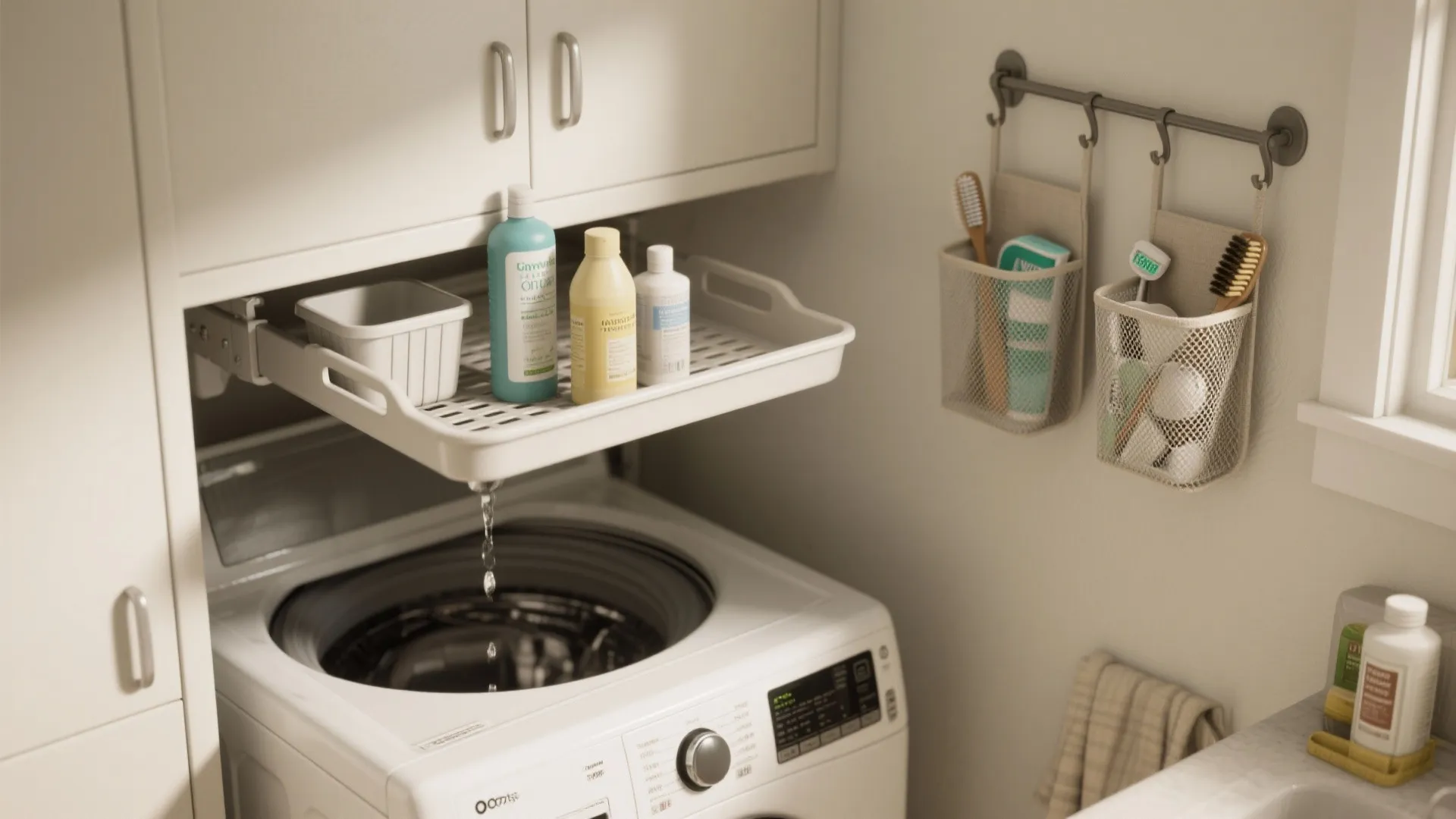 Pull-out laundry tray above washing machine holding detergent bottles with hanging storage baskets on wall