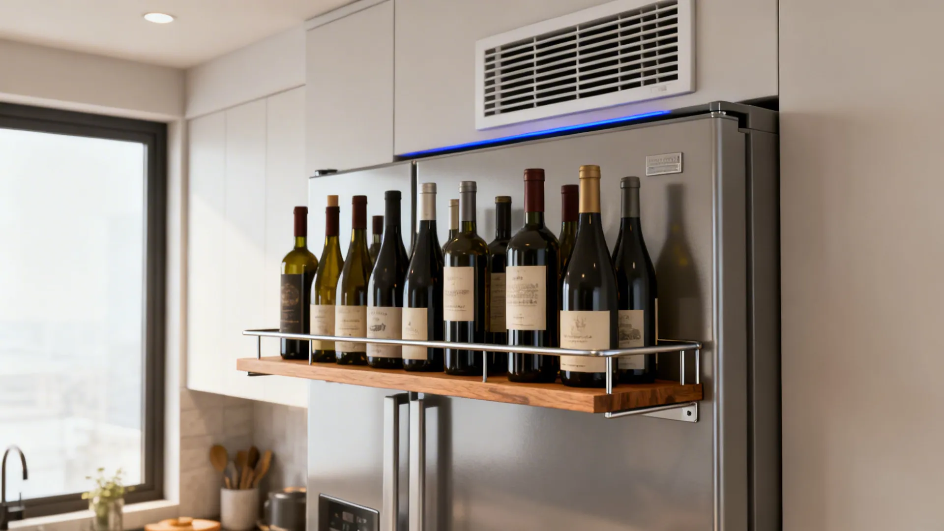 Slim ventilated shelf over a refrigerator storing wine bottles safely away from vents.