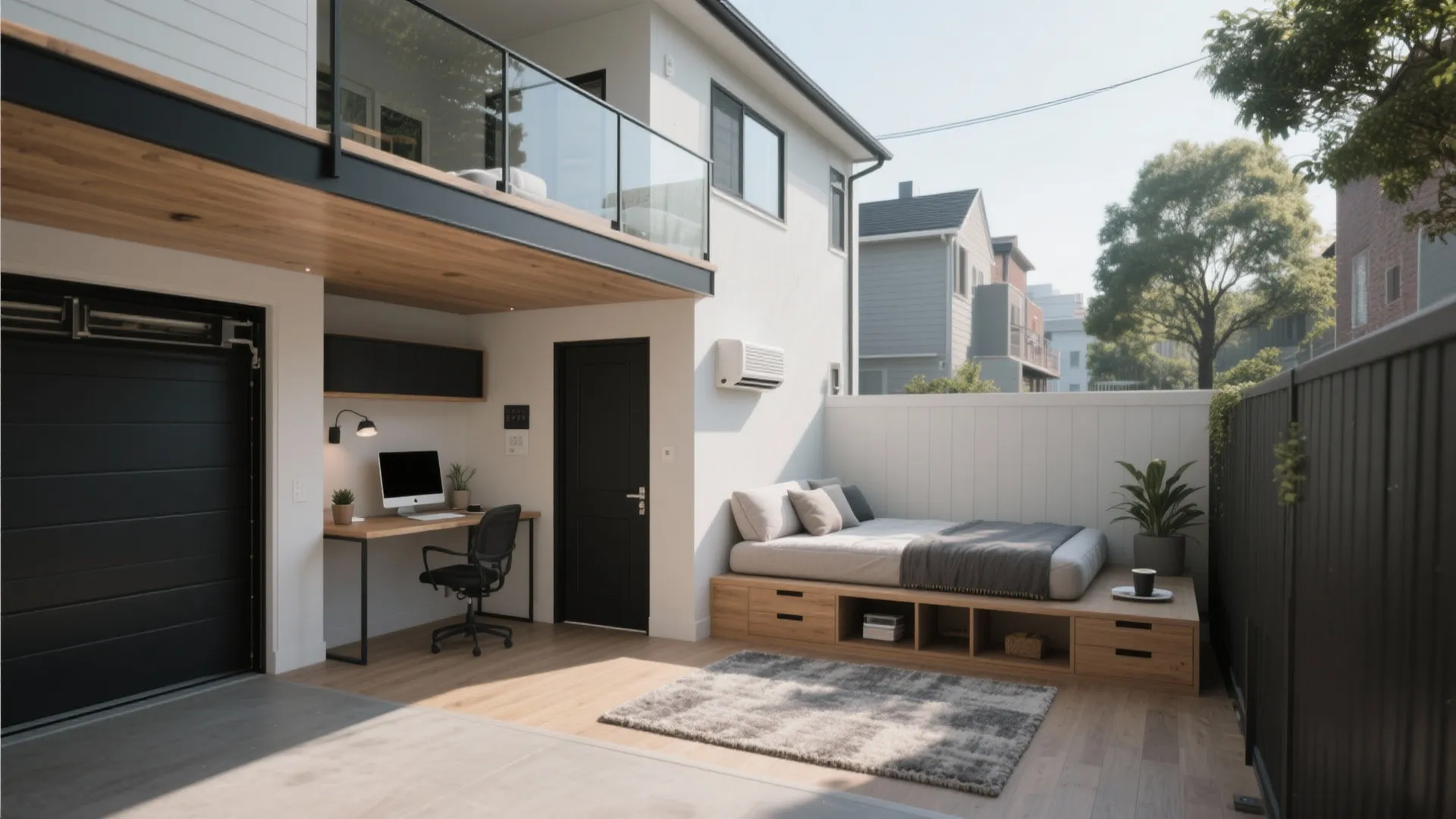 Modern office and bedroom setup with wooden desk grey rug white bed and garage doors
