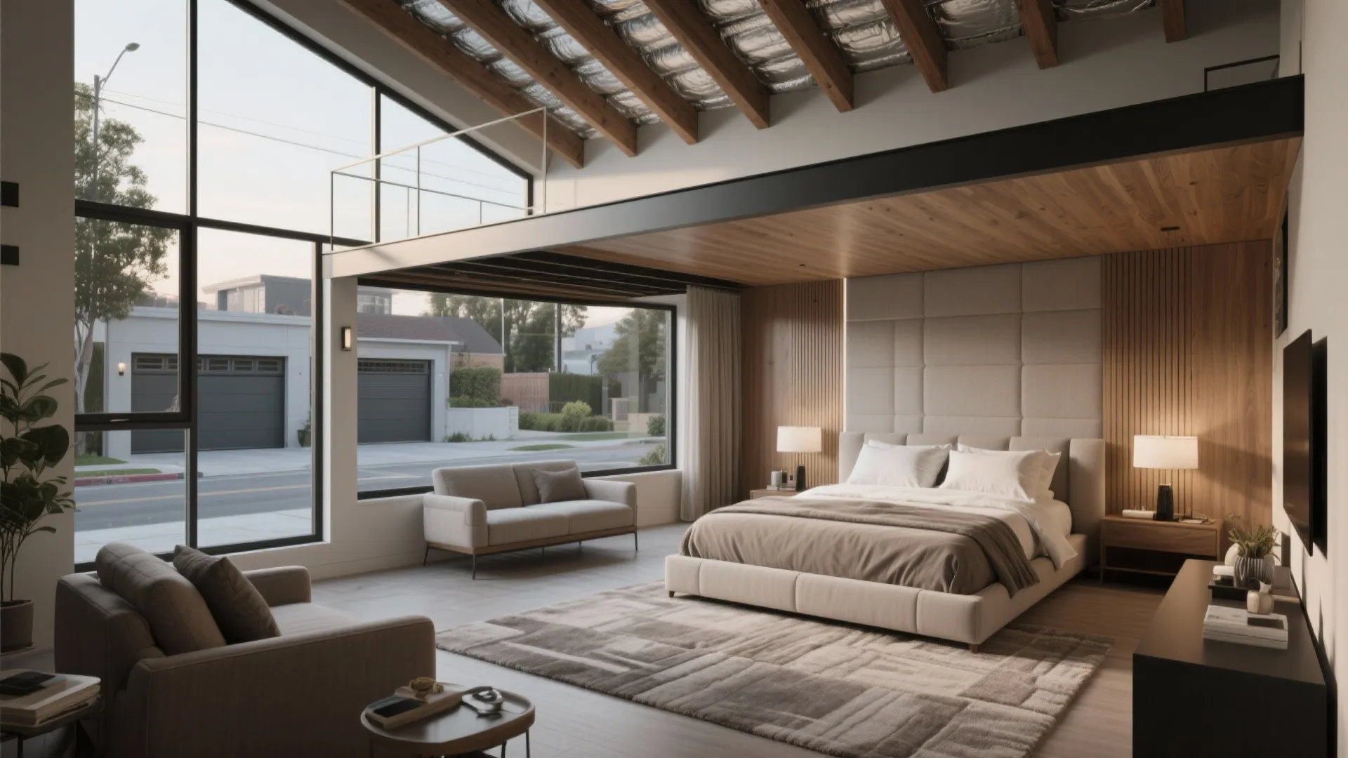 Master bedroom suite over a garage with large windows and warm finishes