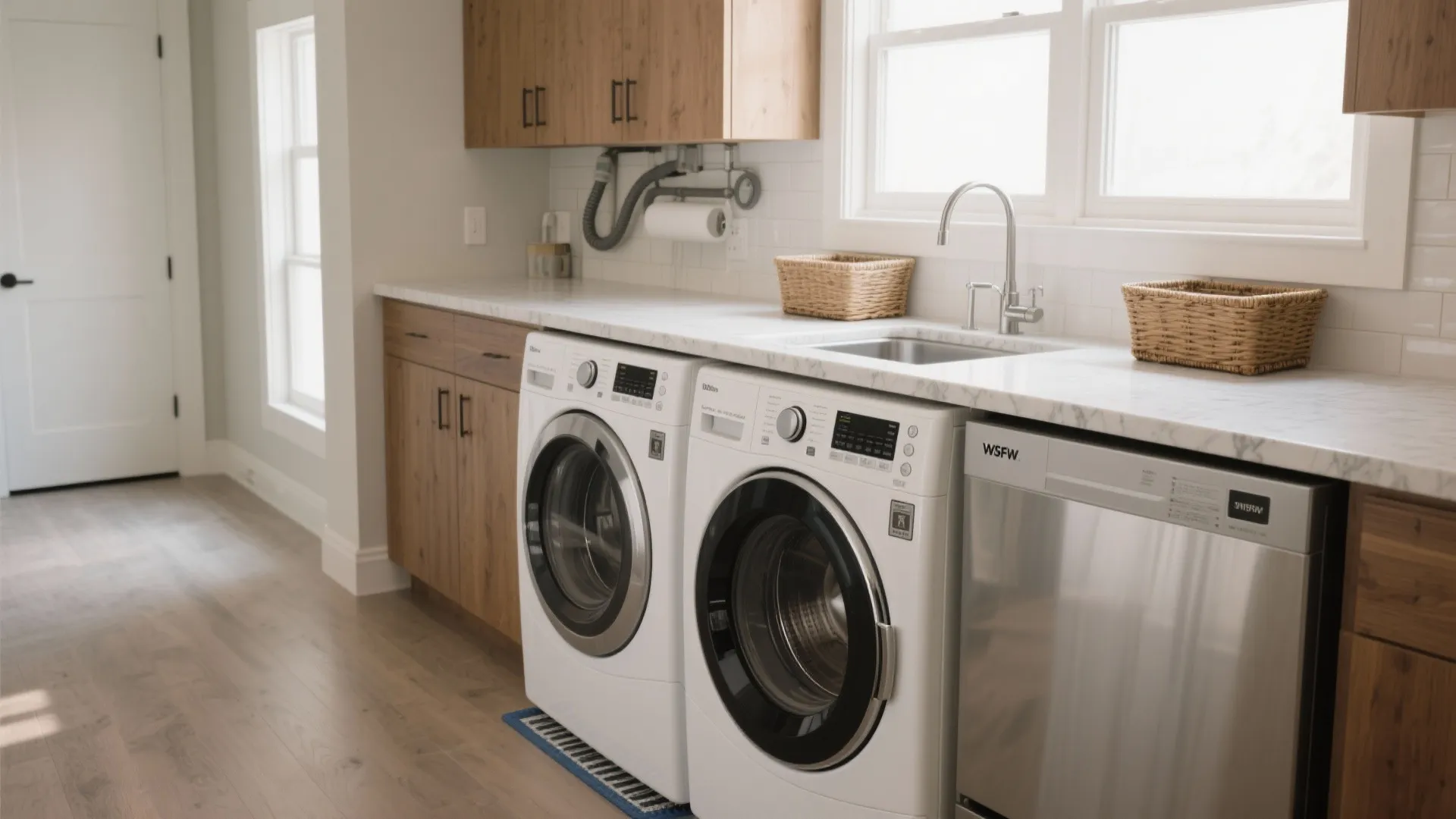 Laundry room with white washing machines, marble counter, wooden cabinets, sink, and bright natural light
