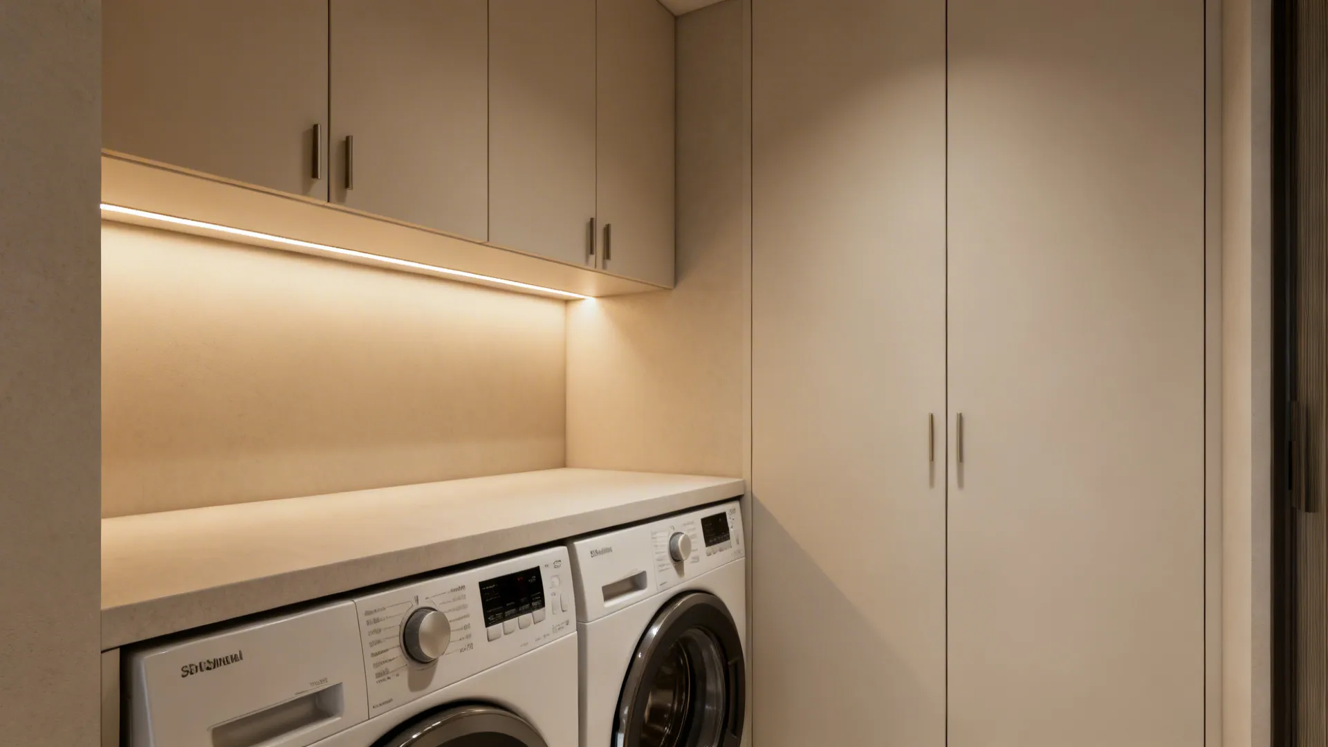Shallow over-the-machine cabinets with recessed LED lighting brightening the workspace.