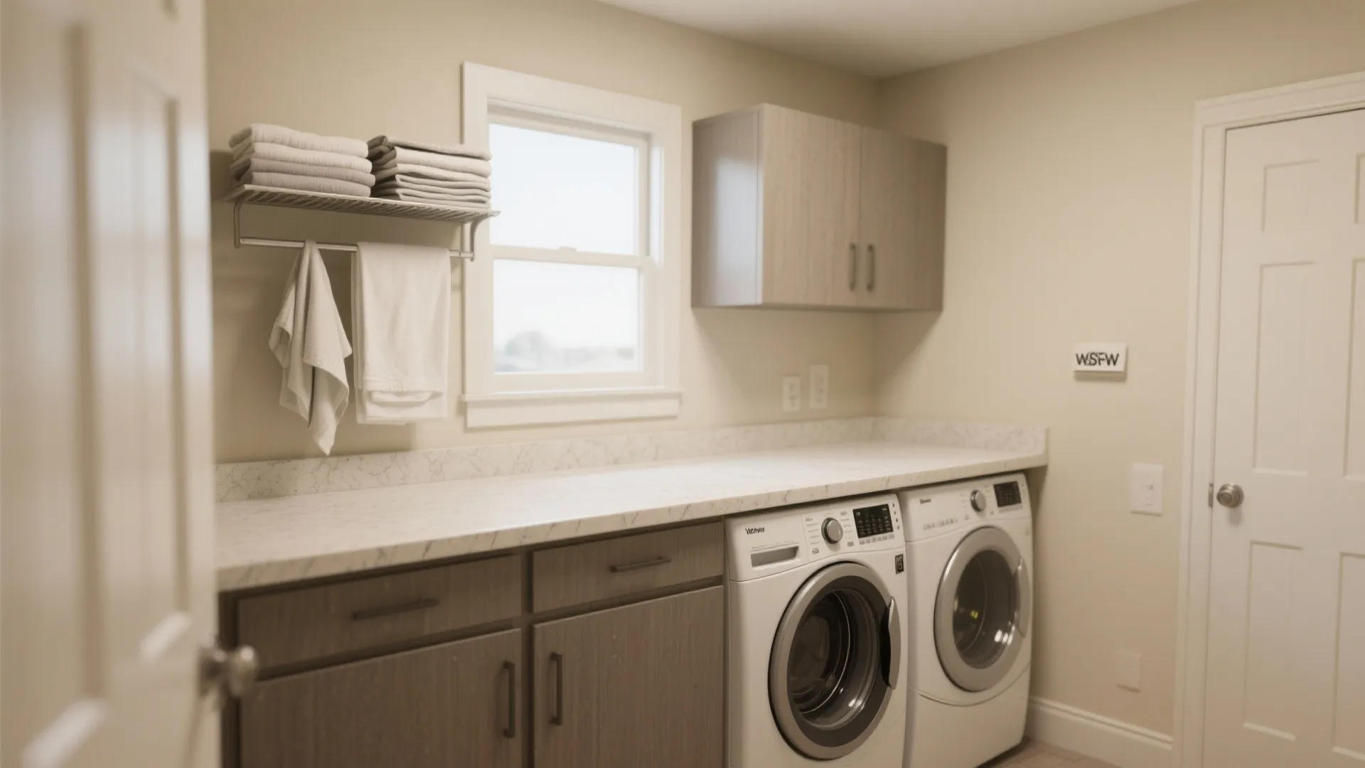 Laundry room design with grey cabinets white marble countertop washing machine dryer and wall towels