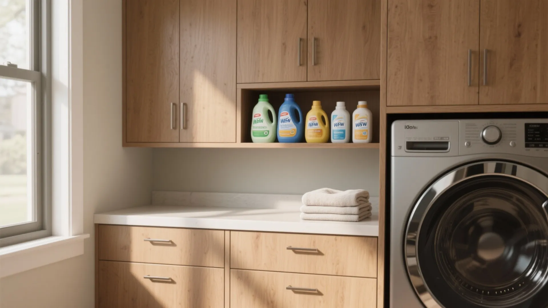 Laundry room with wooden cabinets washing machine detergent bottles on shelf and stacked white towels