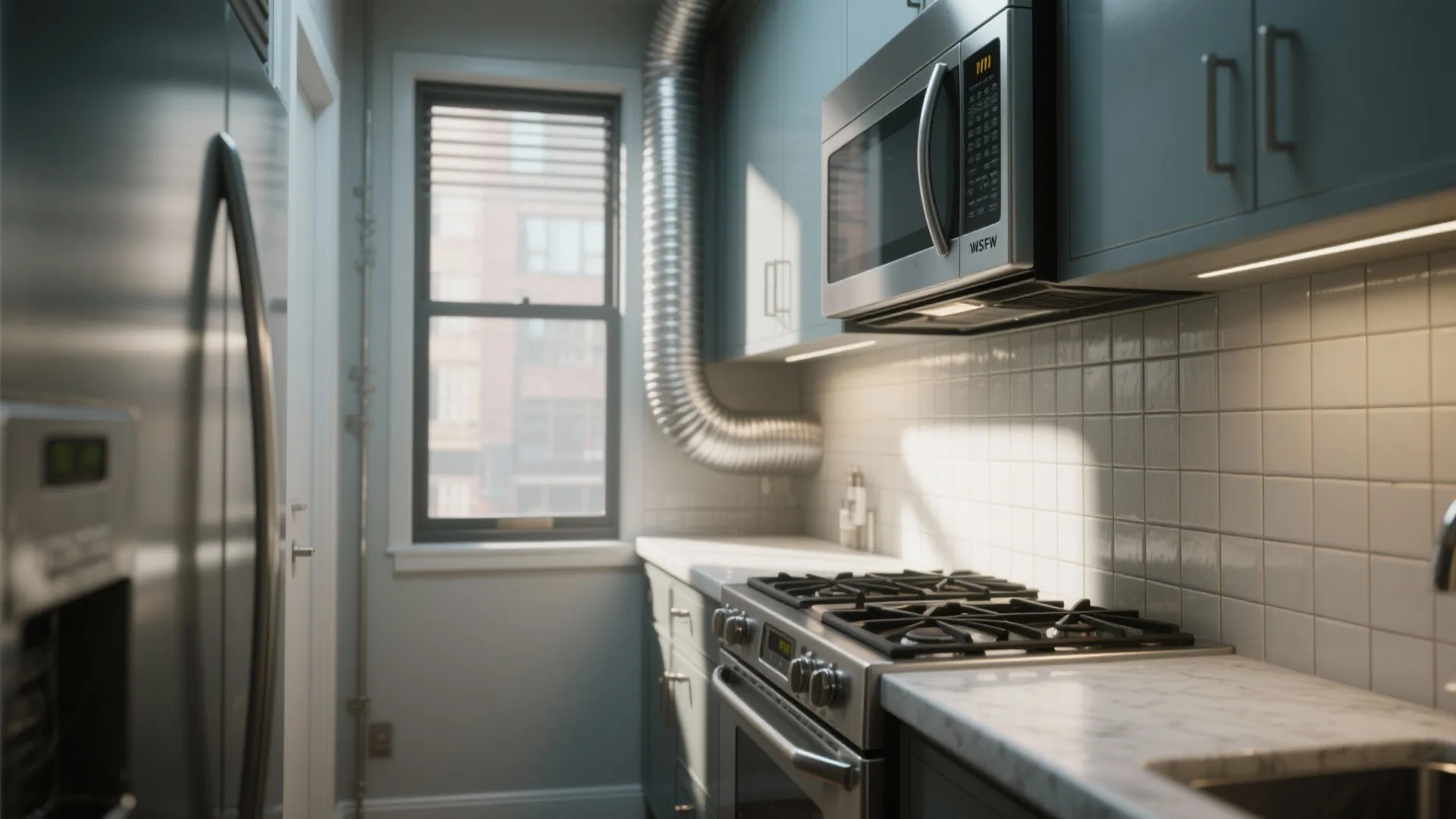 Small kitchen interior with microwave over a gas stove white tiled walls and marble countertops