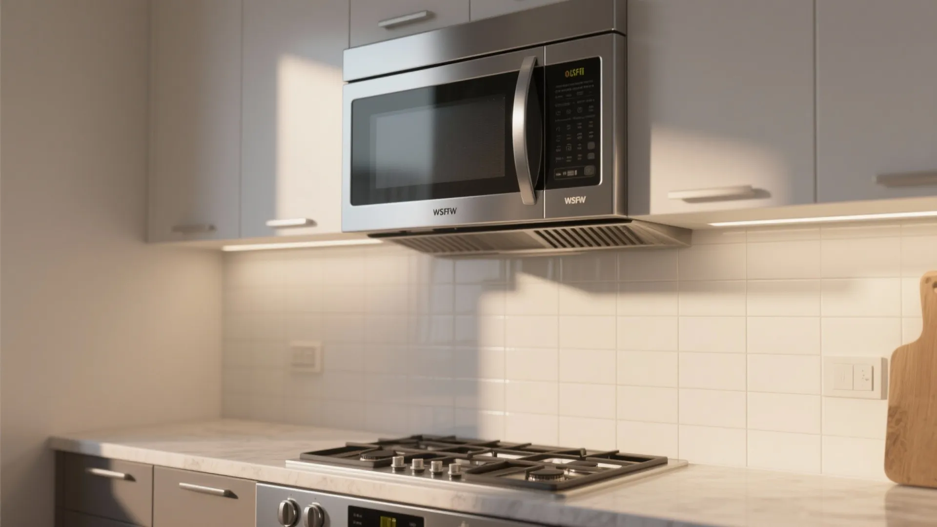 Over-the-range microwave combined with a vent hood above a compact stovetop in a clean kitchen.