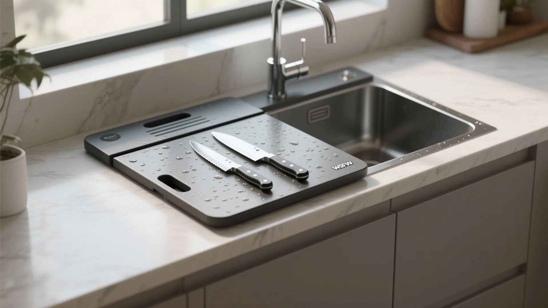Black over sink cutting board with two kitchen knives placed on a modern steel basin