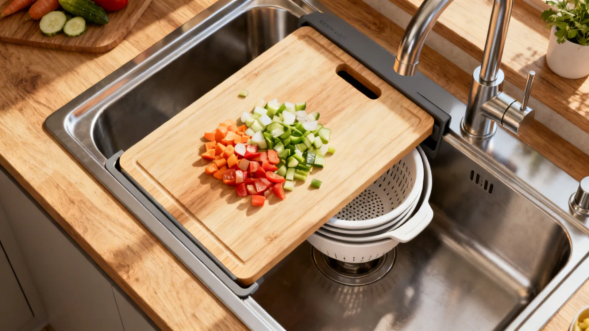 Top-down view of over-the-sink cutting board with integrated colander and prep items.