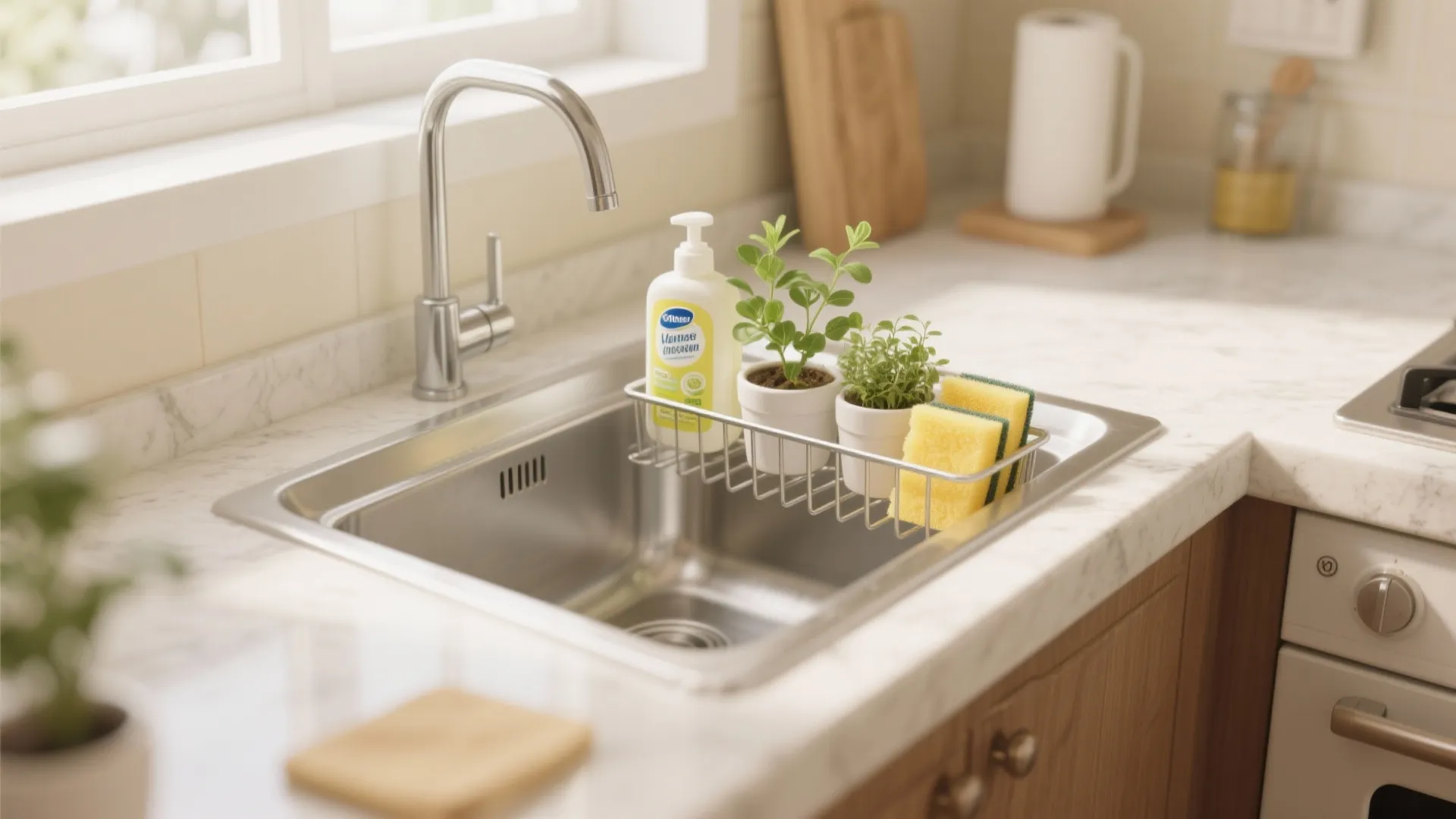 Stainless steel kitchen sink featuring a metal drying basket with dish soap sponges and green plants